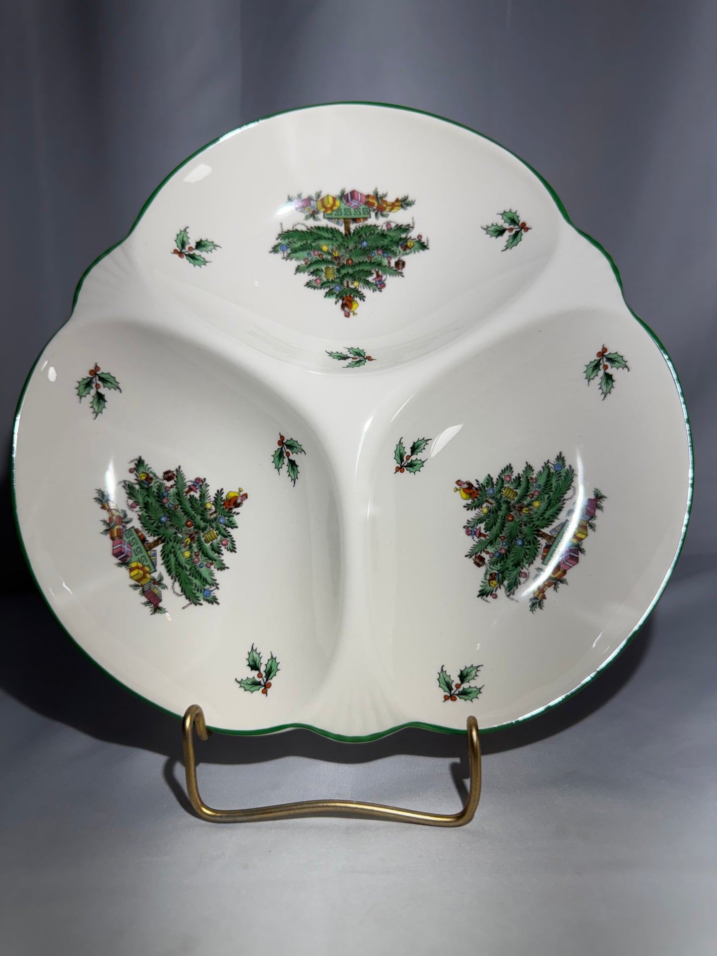 Spode Christmas Tree 3 Section Divided Hors D’Oeuvres Tray Green Rim Serving Di