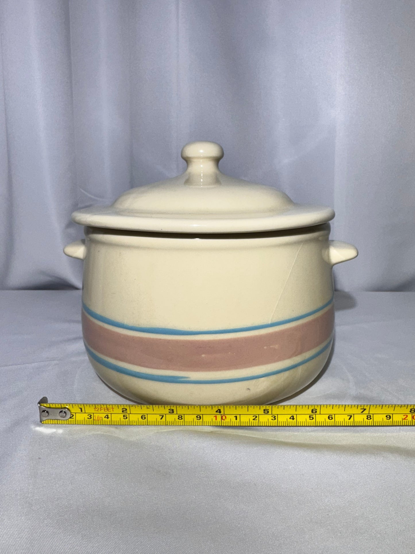 Vintage Nelson McCoy Pottery Stonecraft Covered Casserole Dish – Pink & Blue Stripes – USA-120