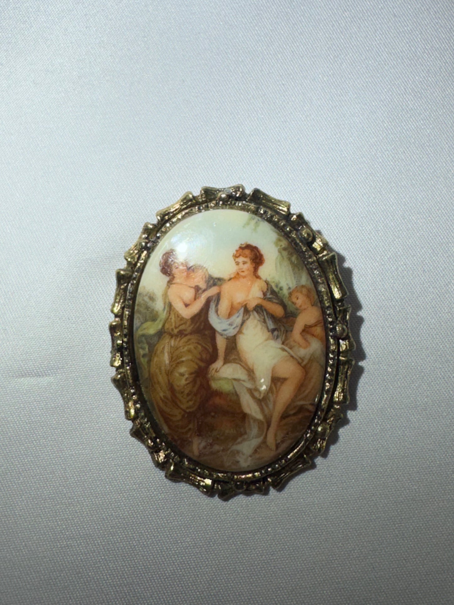 Vintage French Limoges Porcelain Miniature Brooch – Classical Mythology Scene – Ornate Gold-Tone Frame