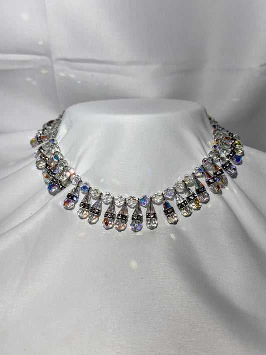 Vintage Aurora Borealis Faceted Crystal & Rhinestone Necklace / Choker with Rhinestone Flower Clasp