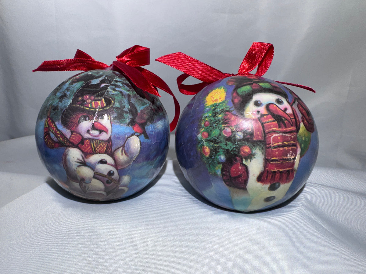 Vintage Frosty Snowman Christmas Ornaments Set of 12 Paper Mache Red Bows w/ Box