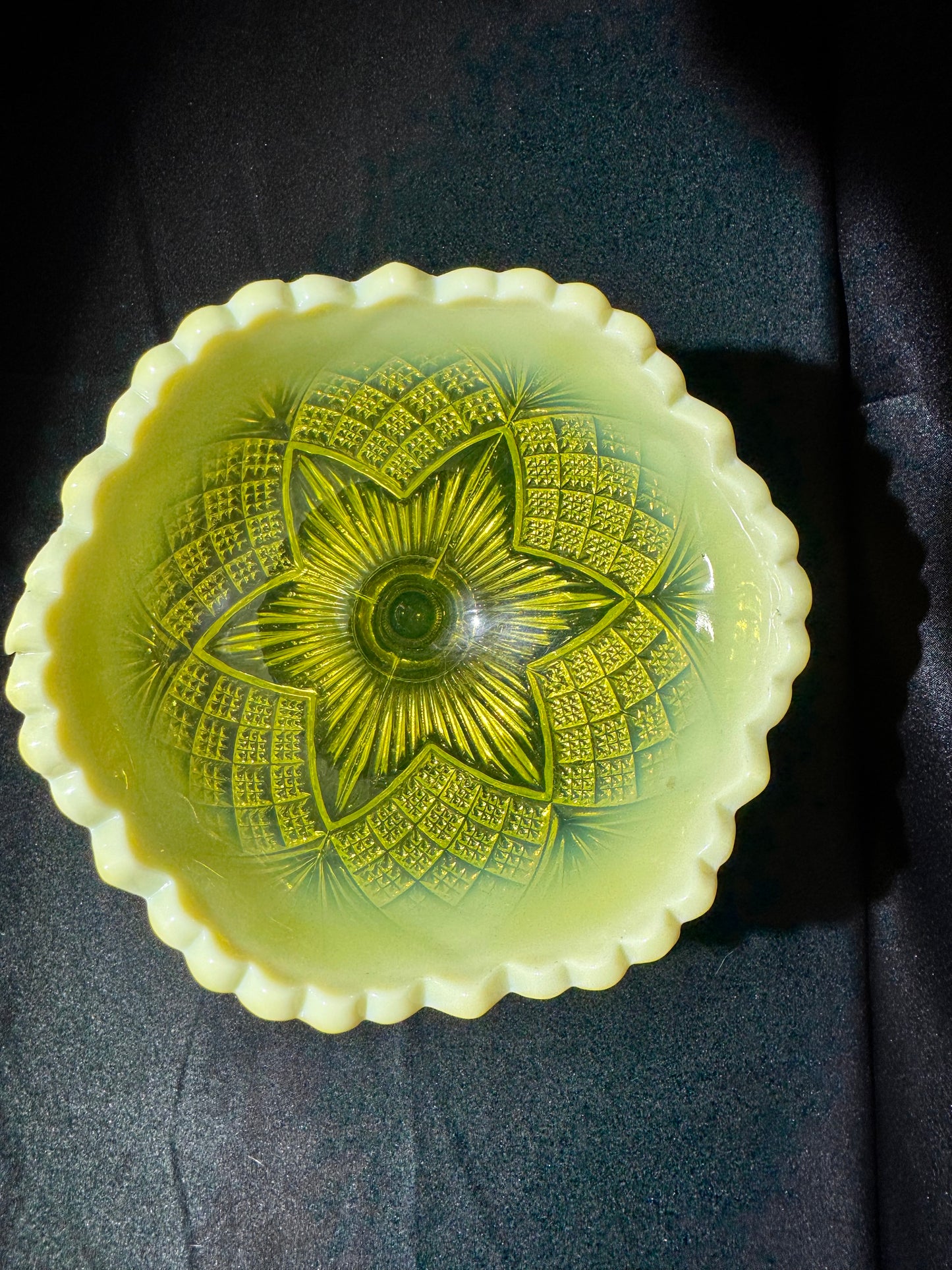 Victorian Uranium Glass Davidson Primrose Pearline Footed Compote – RN 285342