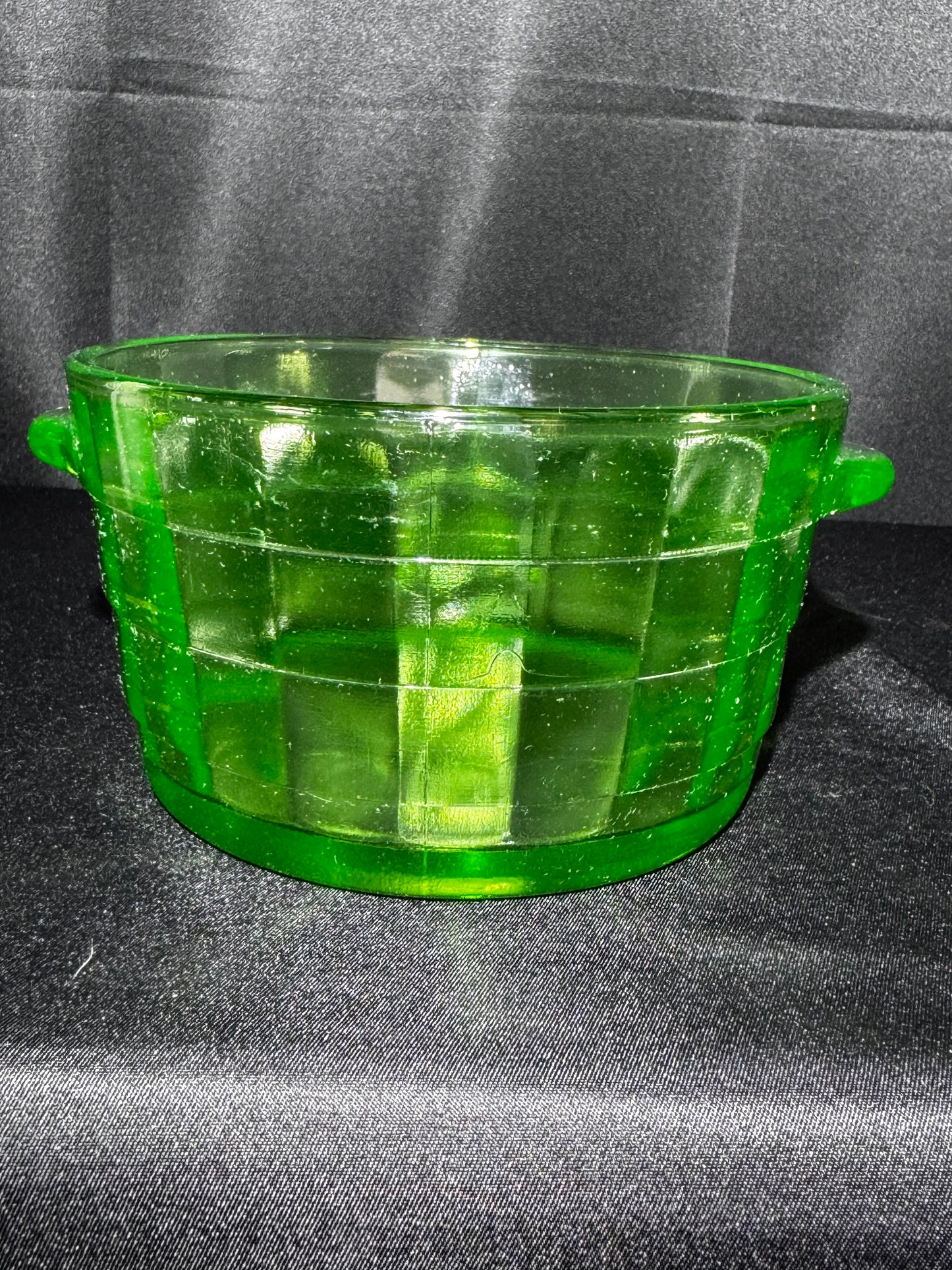 Vintage Anchor Hocking Block Optic Uranium Glass Ice Bucket / Butter Tub – Green Depression Glass