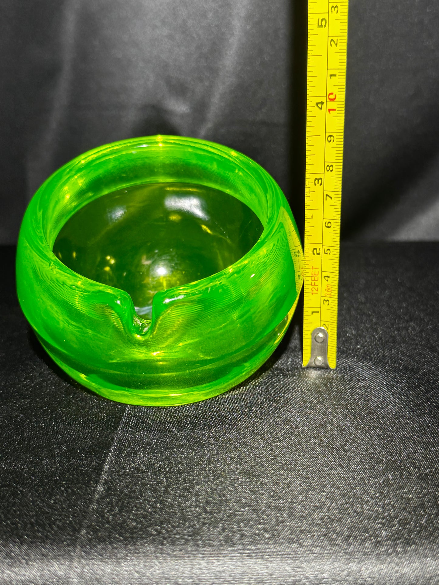 Vintage Viking Uranium Glass Orb Ashtray UV Reactive Green MCM 3.5” Glow Glass￼