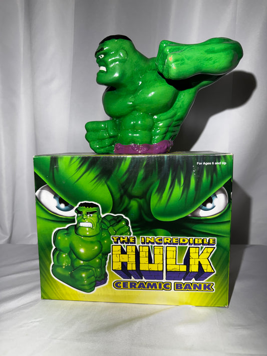 Marvel Incredible Hulk Green Ceramic Coin Bank Comic Images w/ Original Box 7”