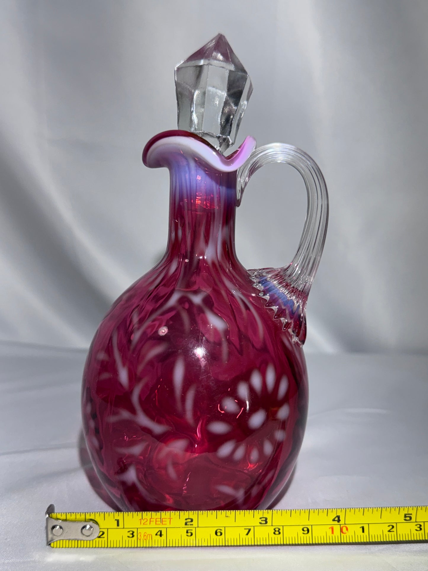 Vintage Cranberry Opalescent “Daisy & Fern” Glass Cruet – 7” – Faceted Stopper