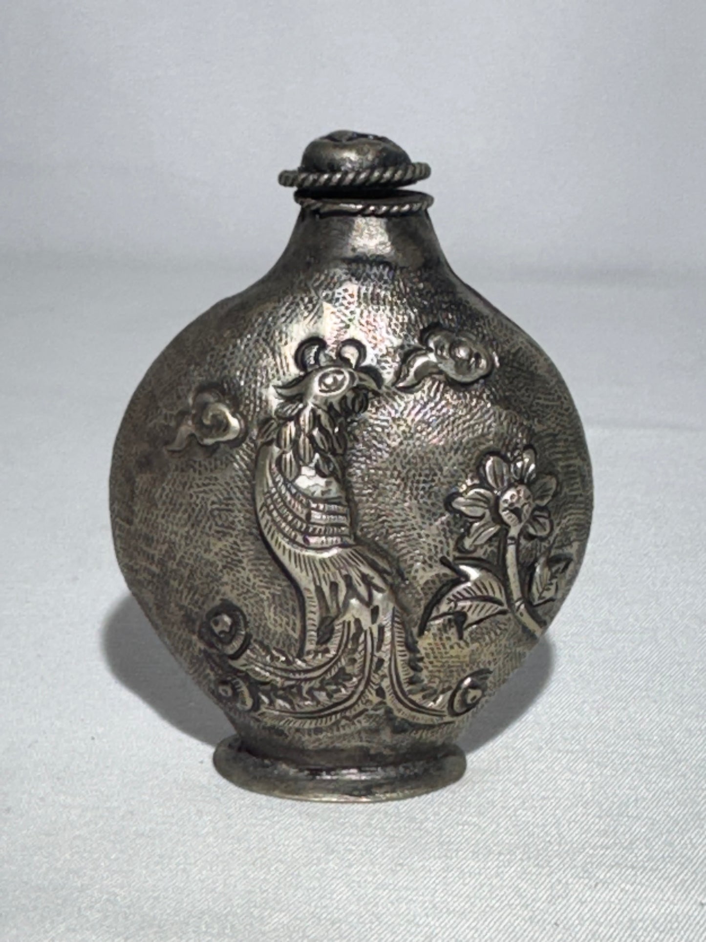 Antique Chinese Snuff Bottle – Repoussé Phoenix & Floral Motif – Hammered Metal Design