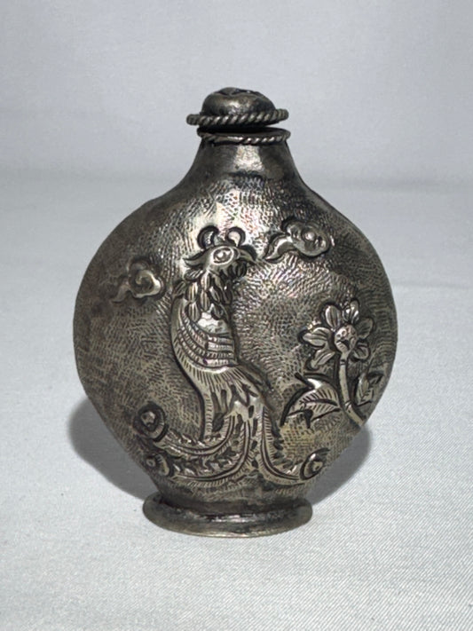 Antique Chinese Snuff Bottle – Repoussé Phoenix & Floral Motif – Hammered Metal Design