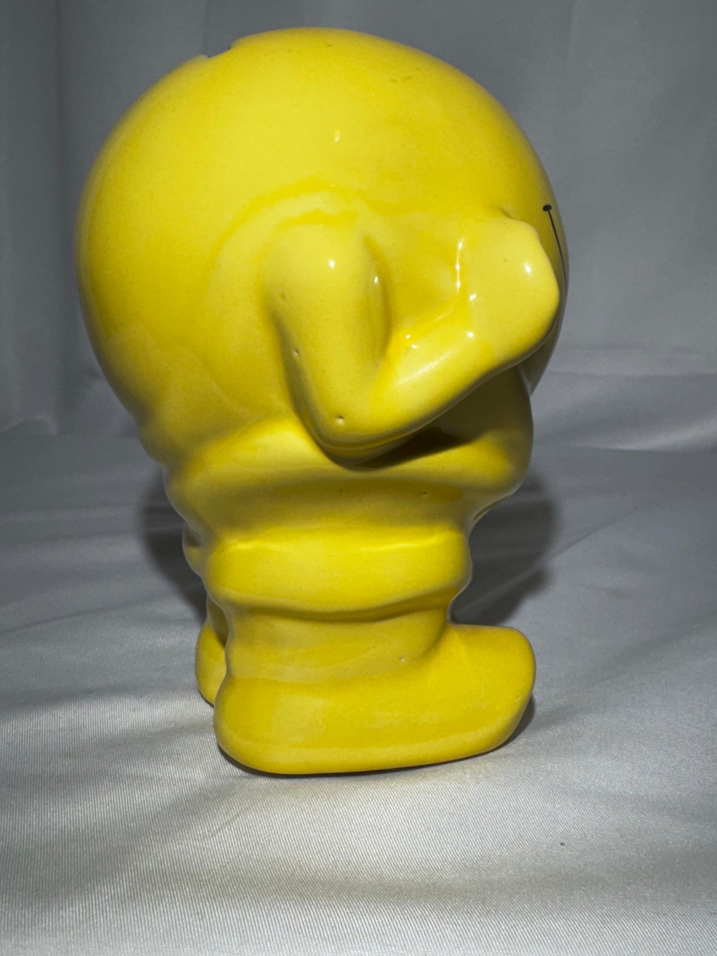 Vintage 1970s Yellow Smiley Face Man Ceramic Piggy Bank Coin Bank Retro Happy Face 5.5”