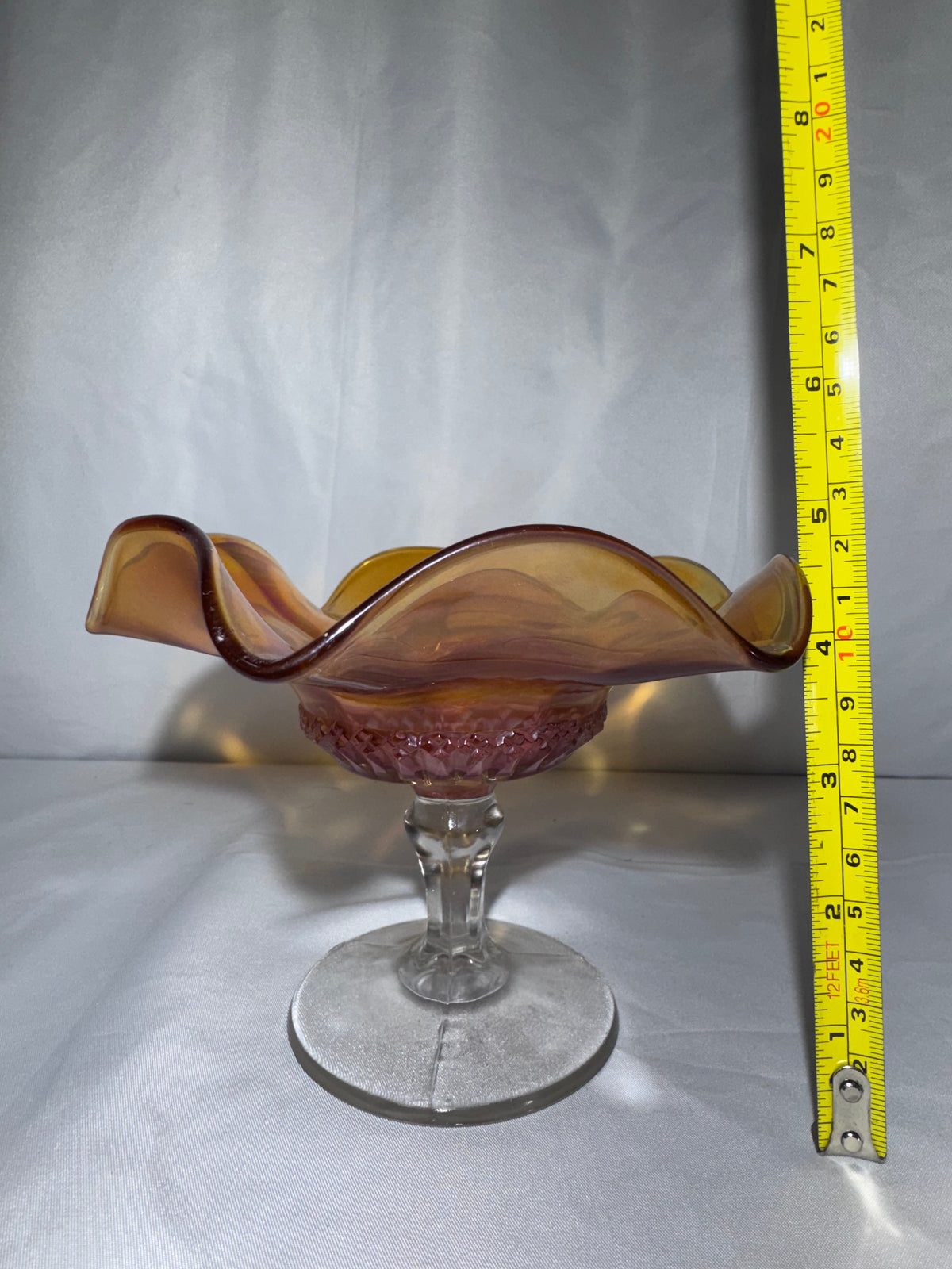 Vintage Marigold Carnival Glass Ruffled Pedestal Compote / Candy Dish 1920’s