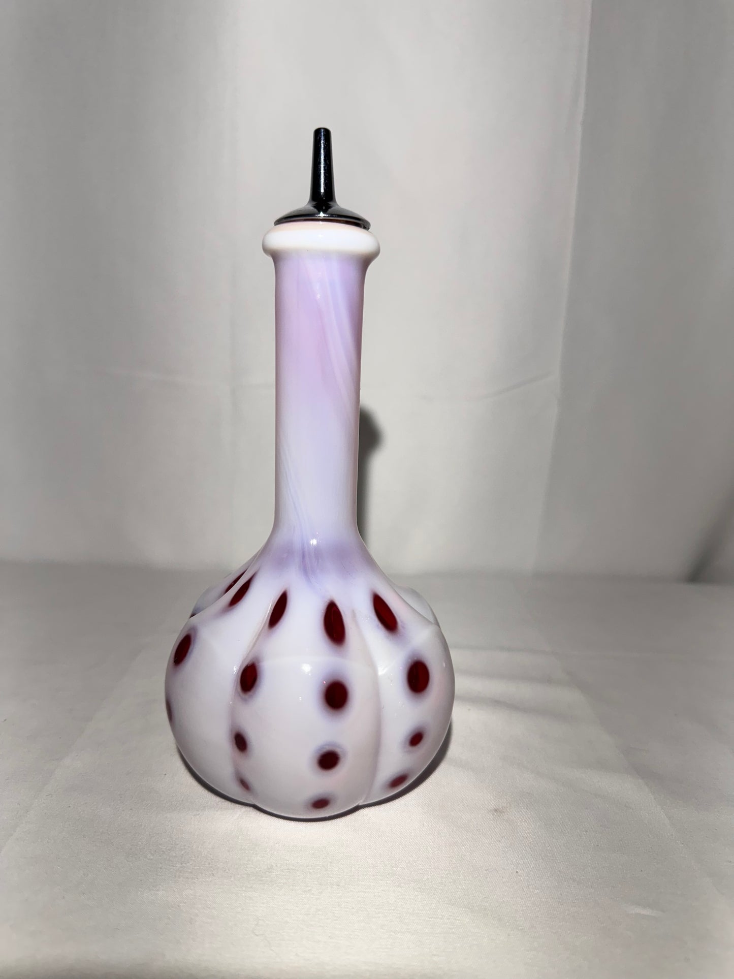 Vintage Barber Bottle – White & Cranberry Coin Pattern with Original Topper