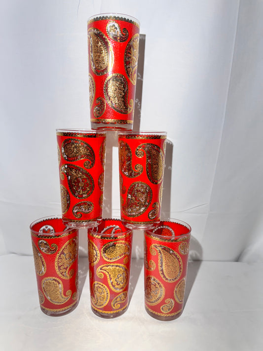 Set of 6 Vintage Culver LTD 22K Gold Red Paisley Highball Glasses – 5½” Tall