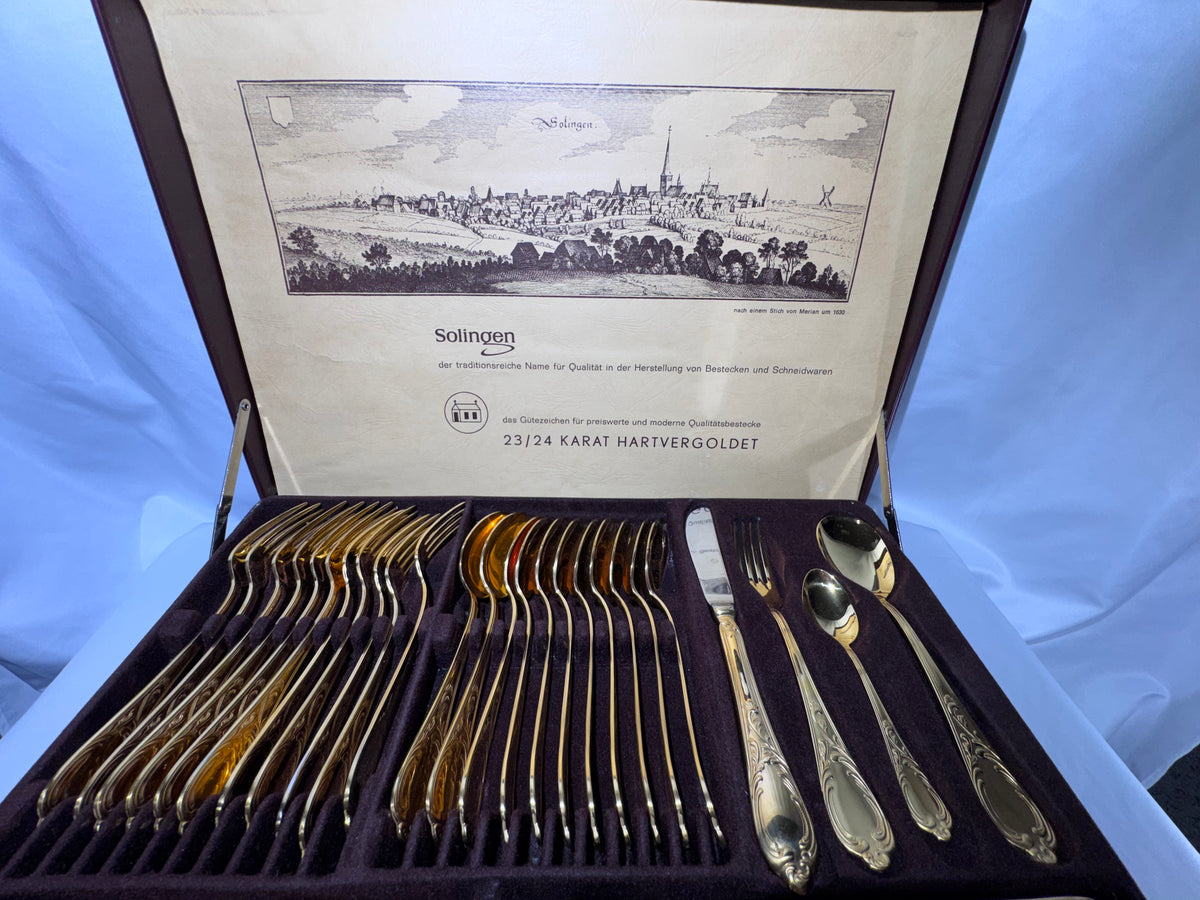 Vintage SBS Solingen Germany 23/24 Karat Gold-Plated Cutlery Set – 70 Pieces – Presentation Case 1970’s-80’s
