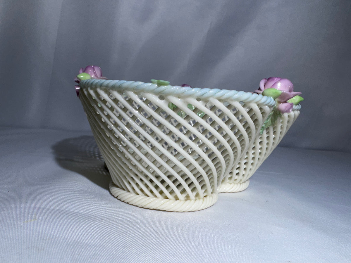Vintage Irish Belleek Porcelain Four-Strand Woven Basket with Pink Roses – Made in Ireland