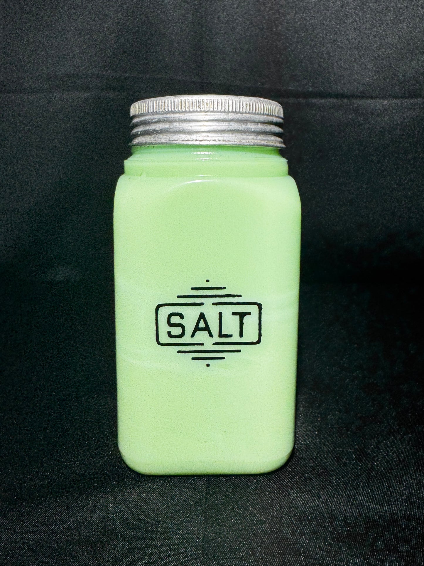 Vintage Jadeite Uranium Glass Range Salt Shaker Large Box Pattern UV Glow 5”