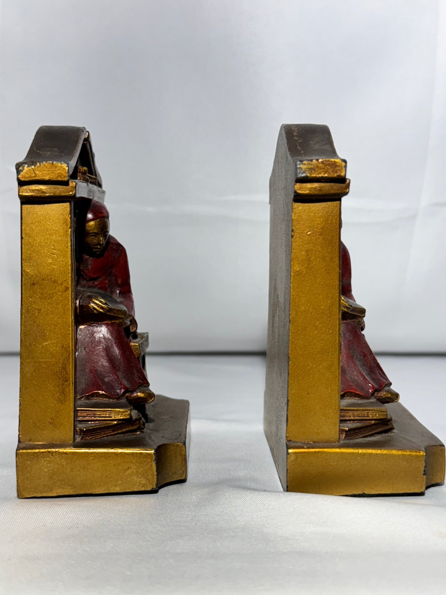 Vintage 1920s Monk Library Metal Bookends – L.V. Aronson / Ronson Style – Armor Bronze Era