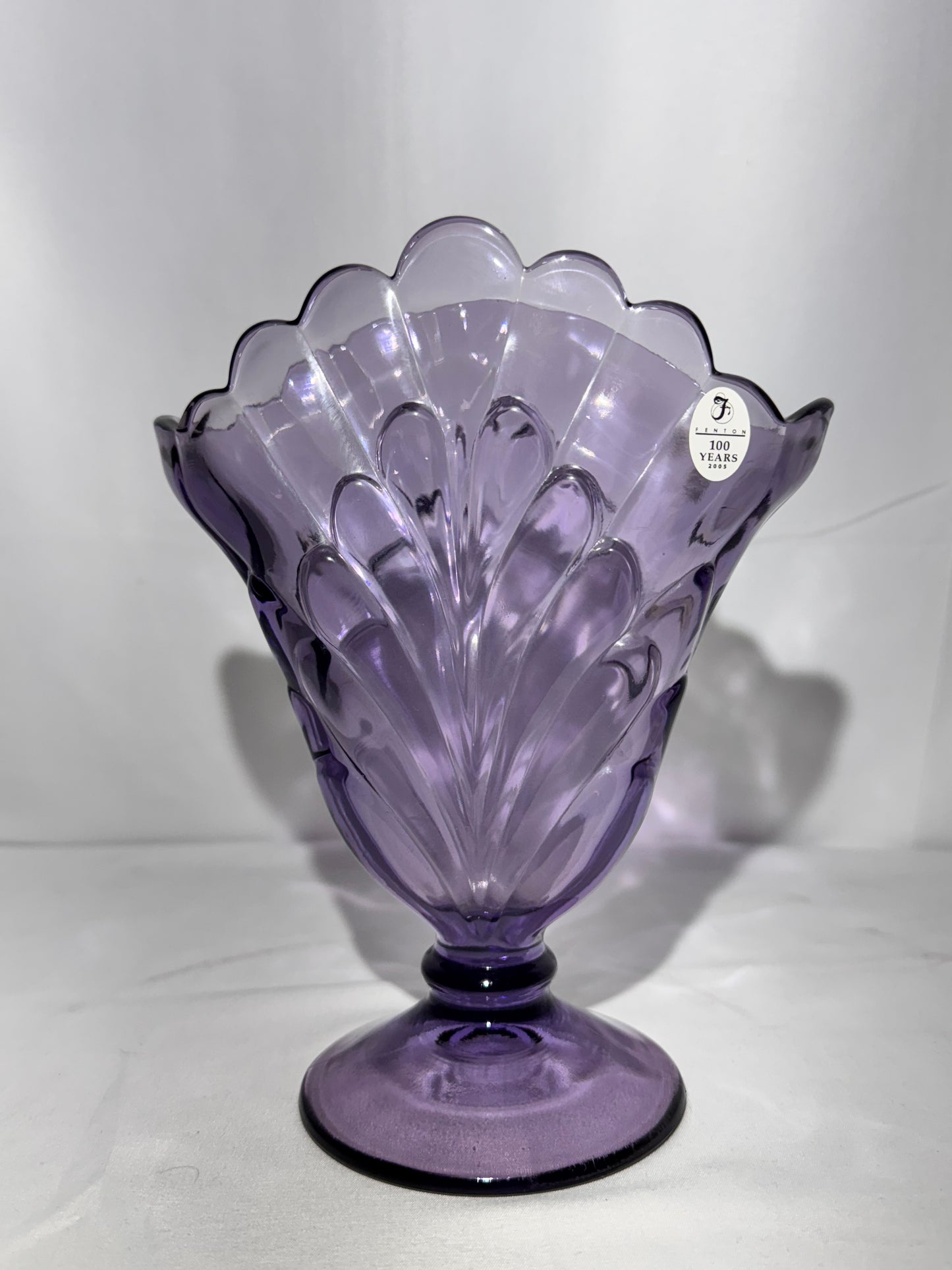 Fenton Purple Amethyst Fan Vase – 100 Years Anniversary 2005 – Original Sticker – 8” Tall