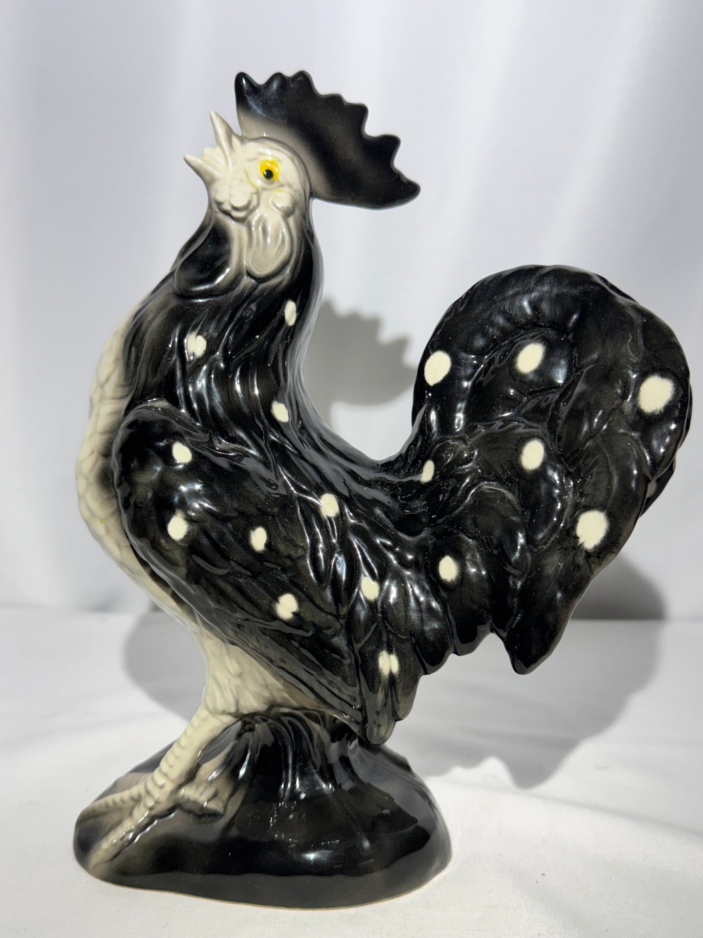 Black & White Polka Dot Rooster Ceramic Figurine – 9.5” Tall