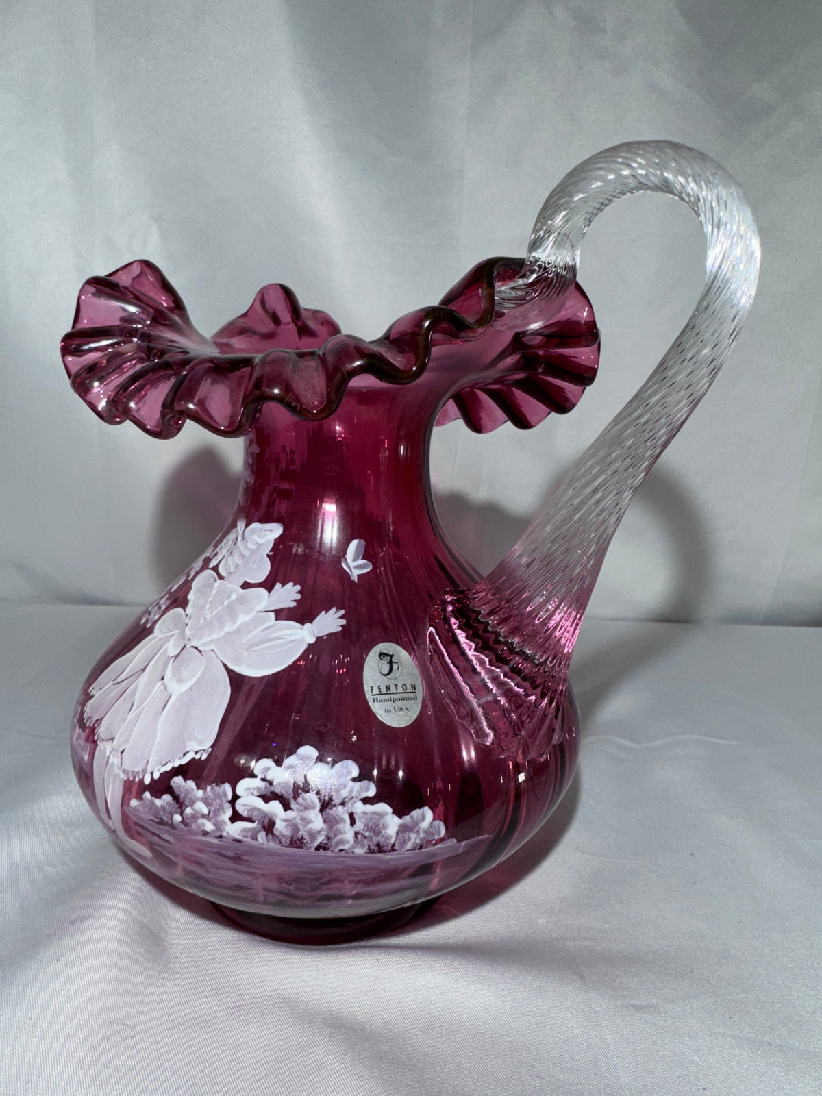 Fenton Cranberry Glass Mary Gregory Style Hand-Painted Pitcher – S. Hart – #1570/2250
