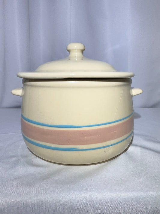 Vintage Nelson McCoy Pottery Stonecraft Covered Casserole Dish – Pink & Blue Stripes – USA-120