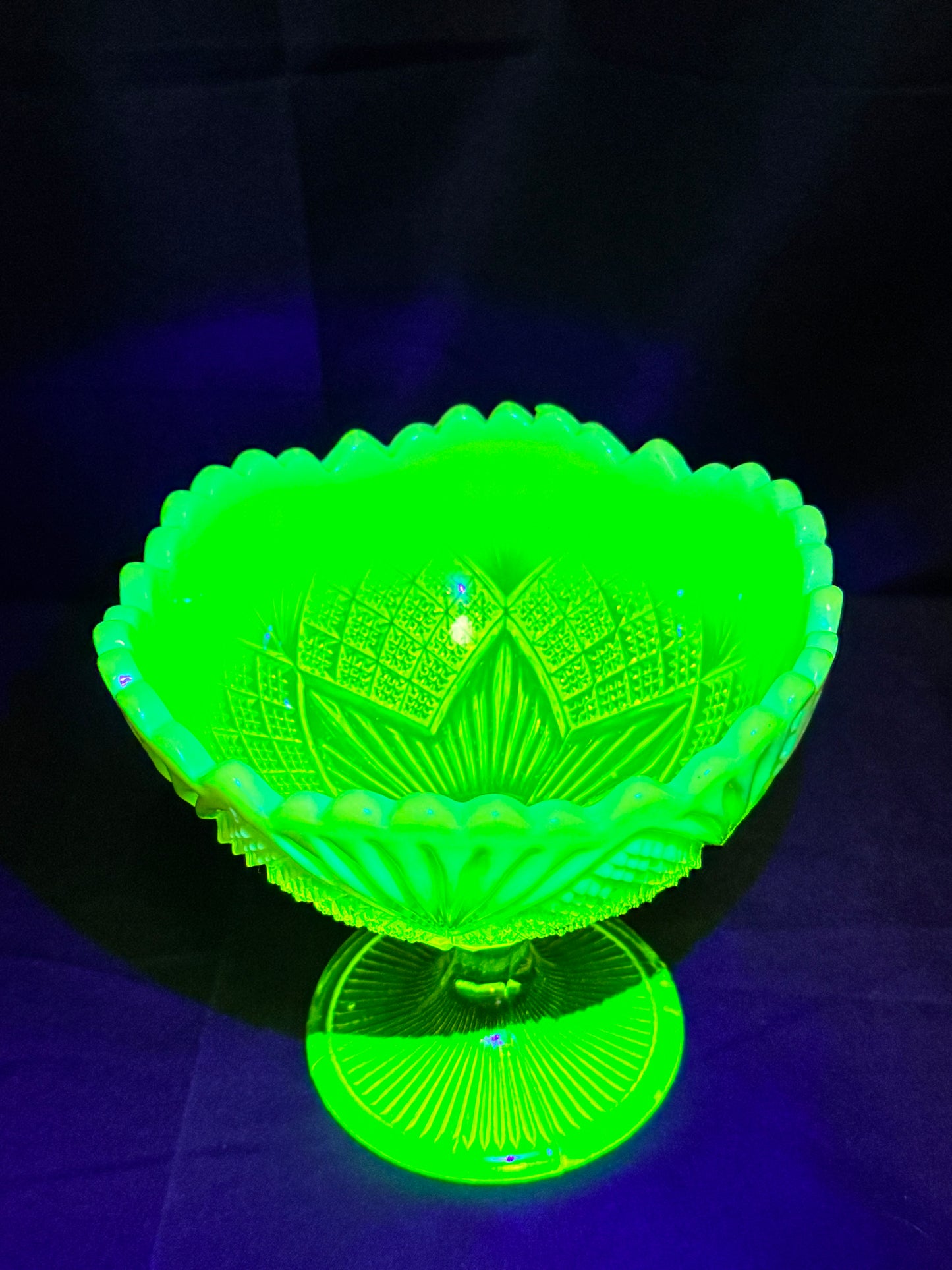 Victorian Uranium Glass Davidson Primrose Pearline Footed Compote – RN 285342