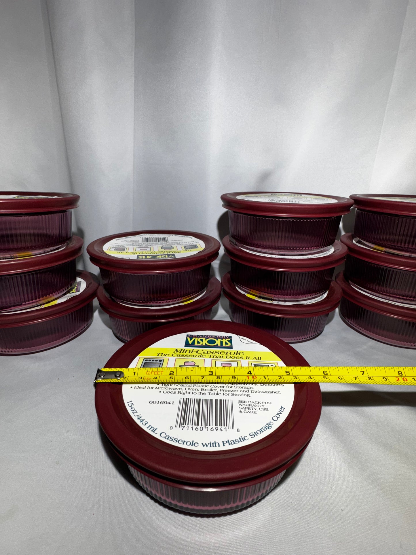Set of 12 CorningWare Cranberry Visions 15 Oz Mini Casserole Dishes w/ Lids USA Box