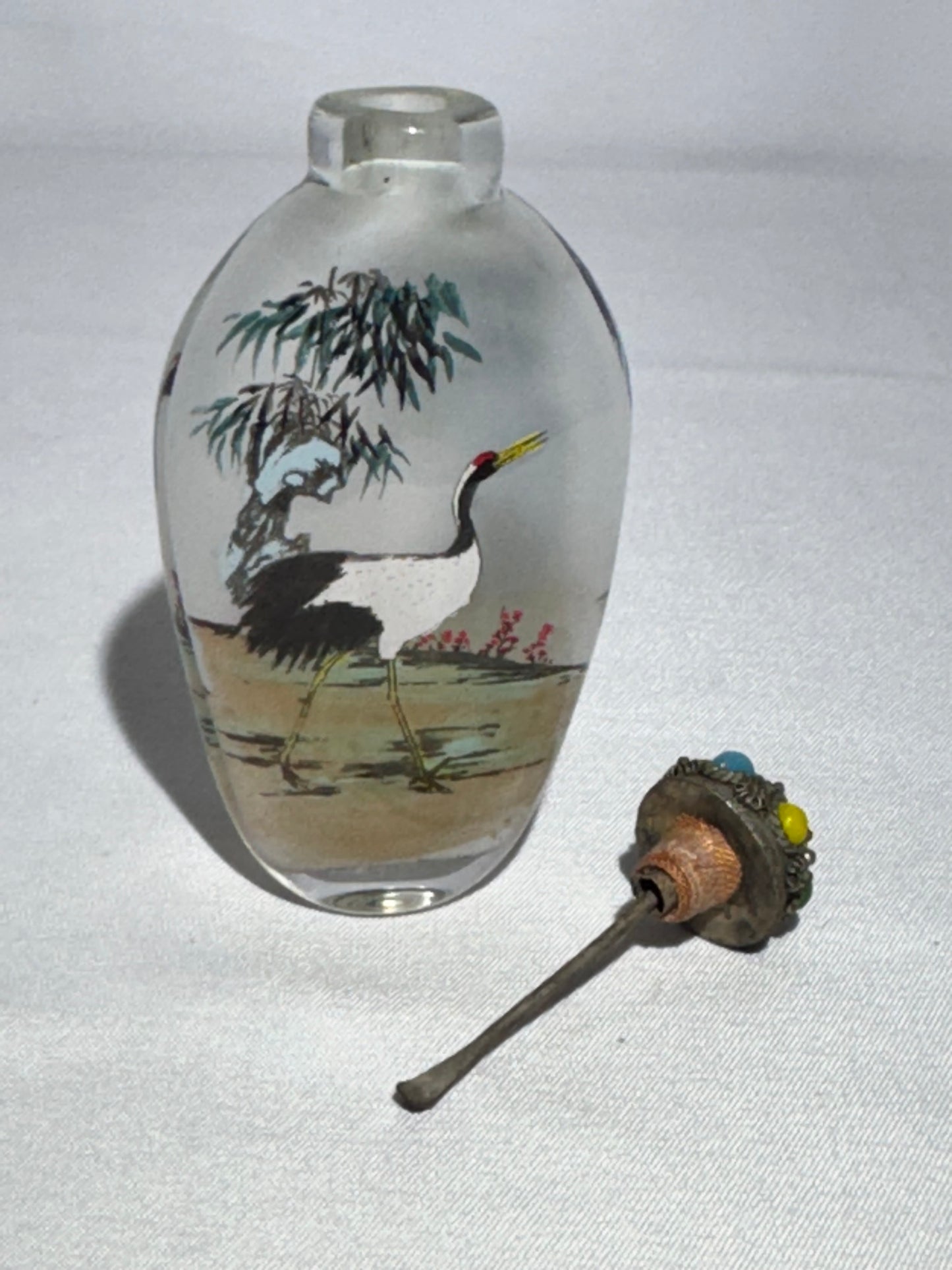 Antique Chinese Inside Painted Glass Snuff Bottle – Dual Crane Design – Jeweled Metal Topper