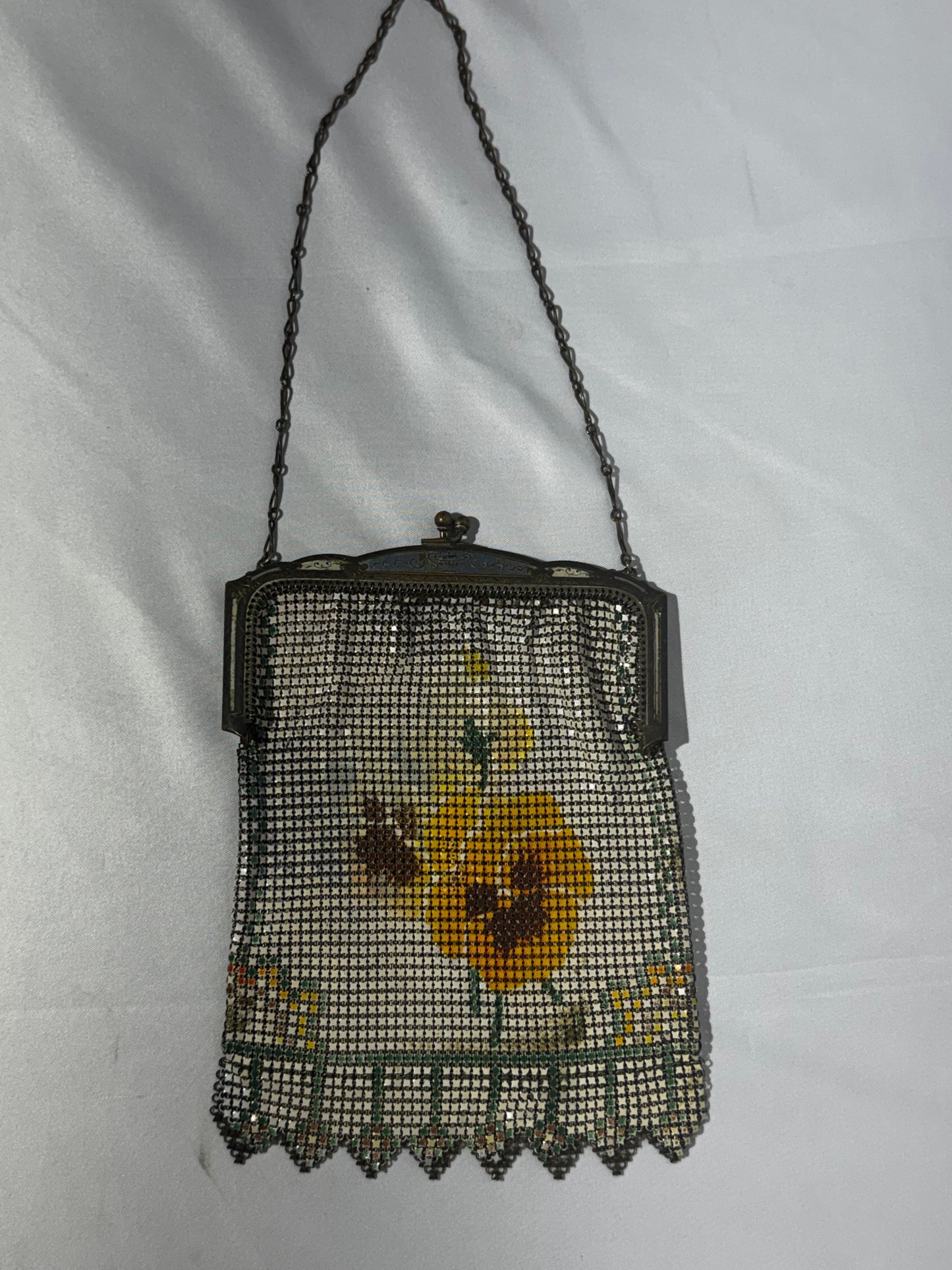 Vintage Whiting & Davis Art Deco Enameled Mesh Purse Sunflower Design 1920s Chain Handle