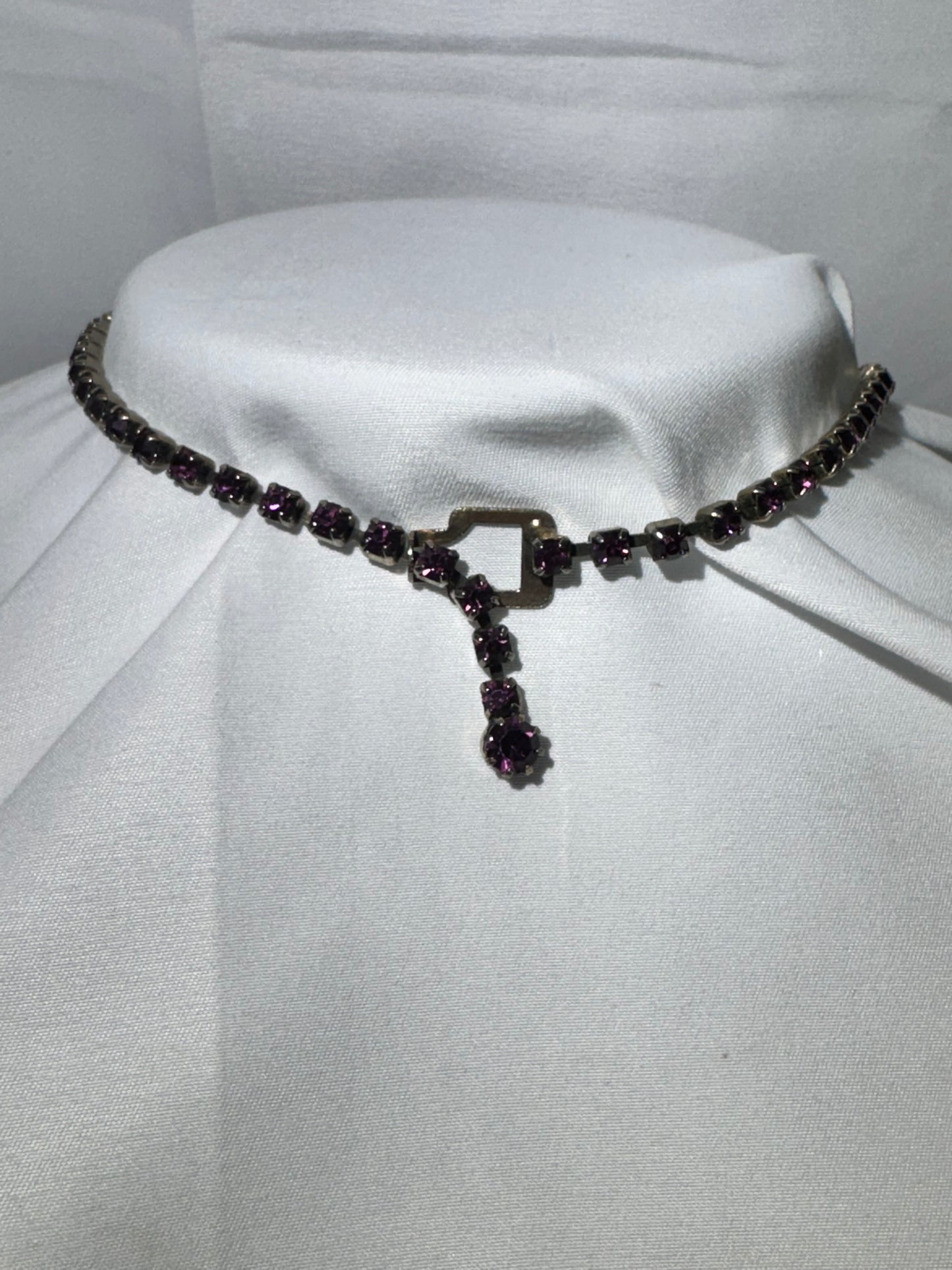 Vintage Purple Rhinestone Necklace – Adjustable 17” – Dark Silver Tone Setting- Women Jewelry