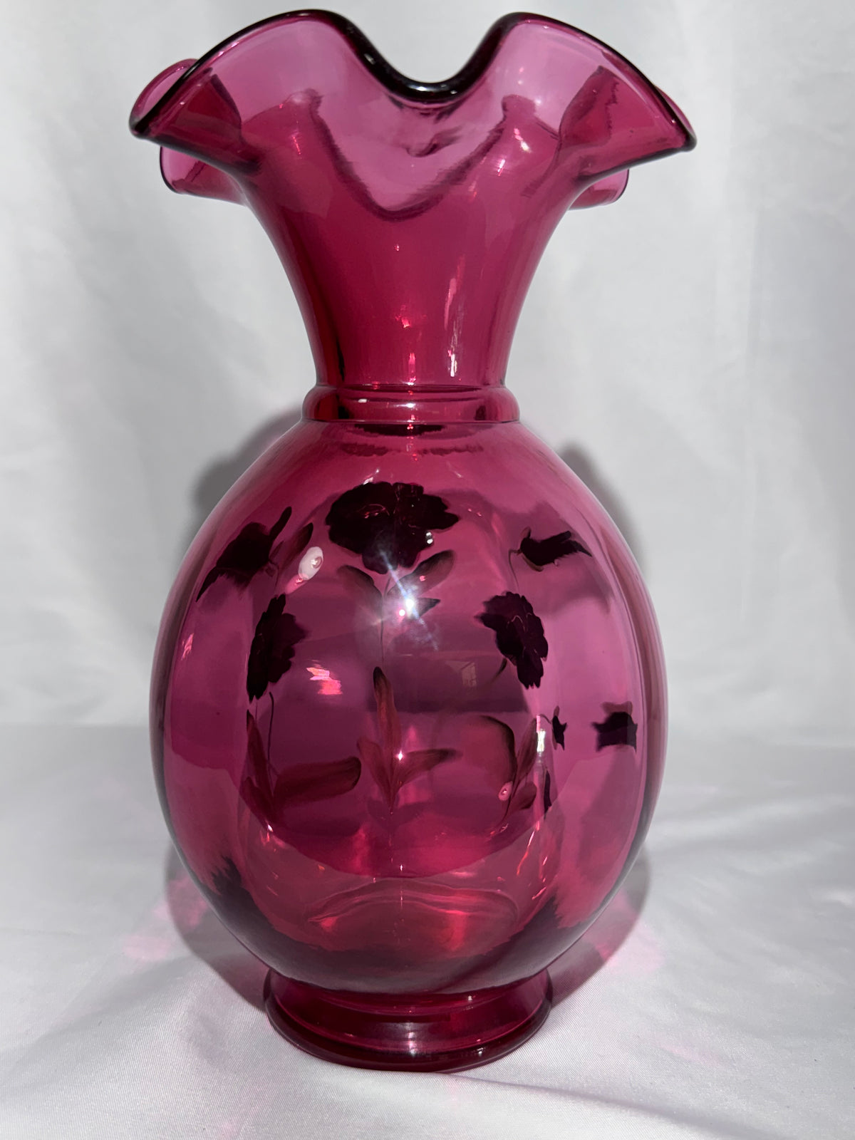 Vintage Fenton Cranberry Art Glass Vase – Hand-Painted Pansy Floral – P. Lane – 9” -1990's
