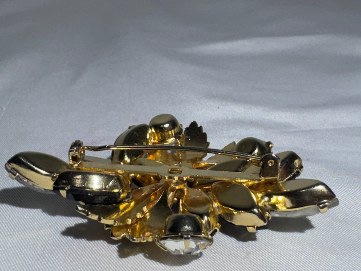 Vintage Weiss Style Black Rhinestone Floral Brooch Faux Pearl Gold Tone Unsigned