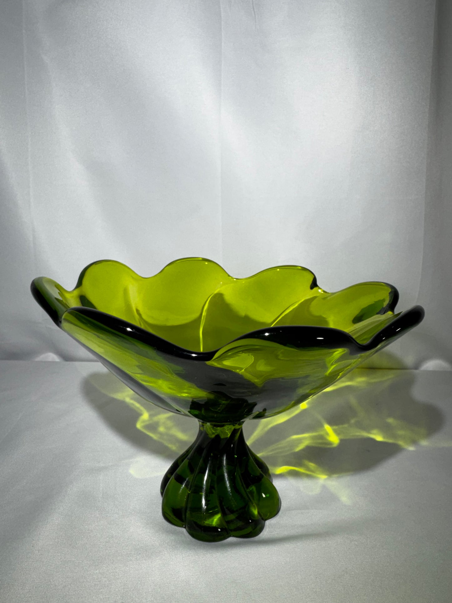 Vintage Viking Glass Epic Avocado Green Compote Bowl Twisted Pedestal Ruffled 8”