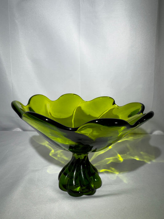 Vintage Viking Glass Epic Avocado Green Compote Bowl Twisted Pedestal Ruffled 8”