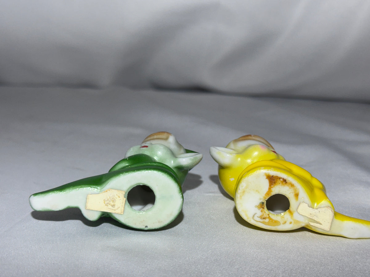 Vintage Japan Ceramic Pixie Elf Figurines Pair – 1950s – Green & Yellow Knee-Hugger Shelf Sitters