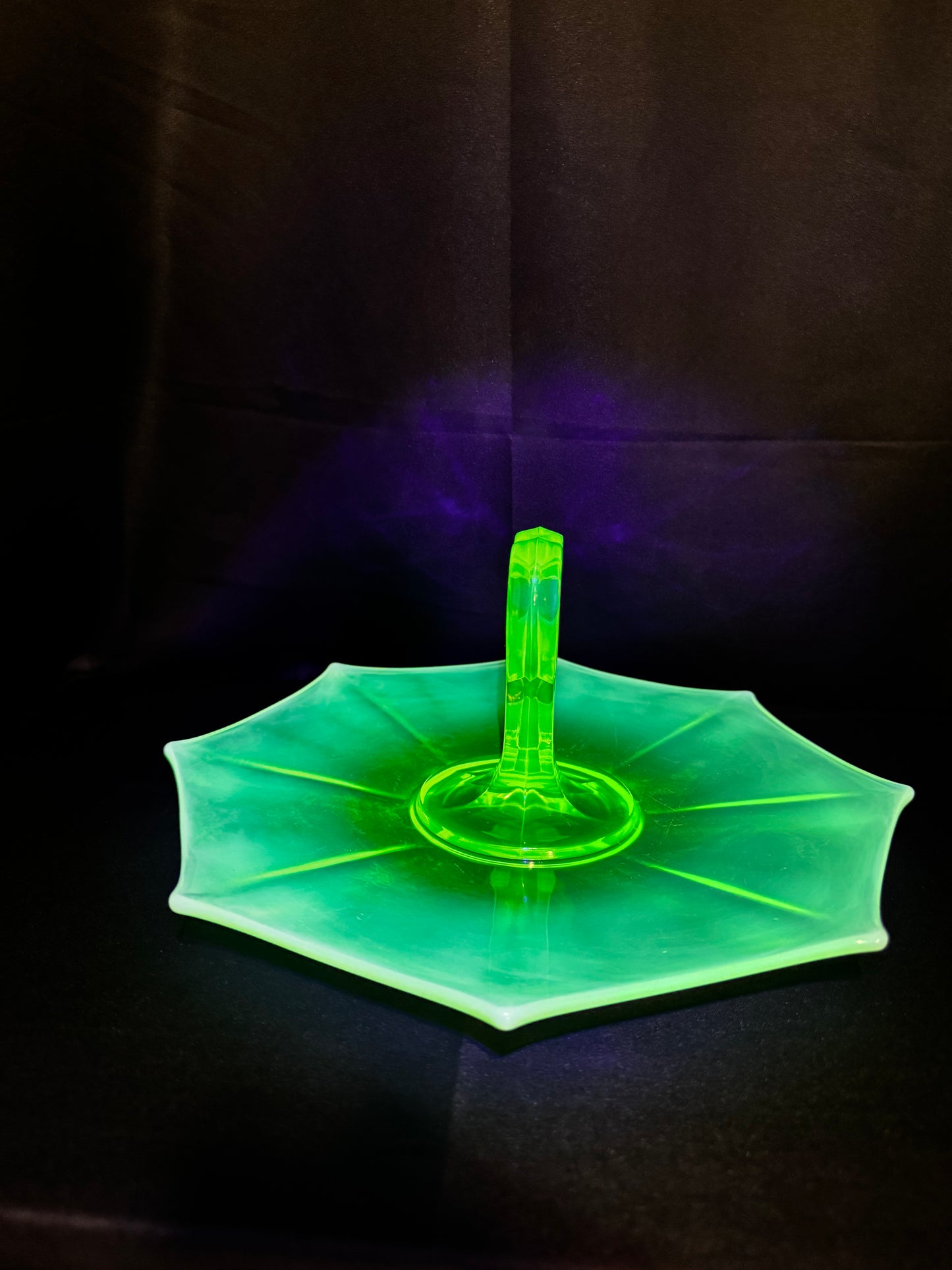 Vintage Uranium Glass Tidbit 12” Tray Heart Handle Bon Bon Dish UV Glow