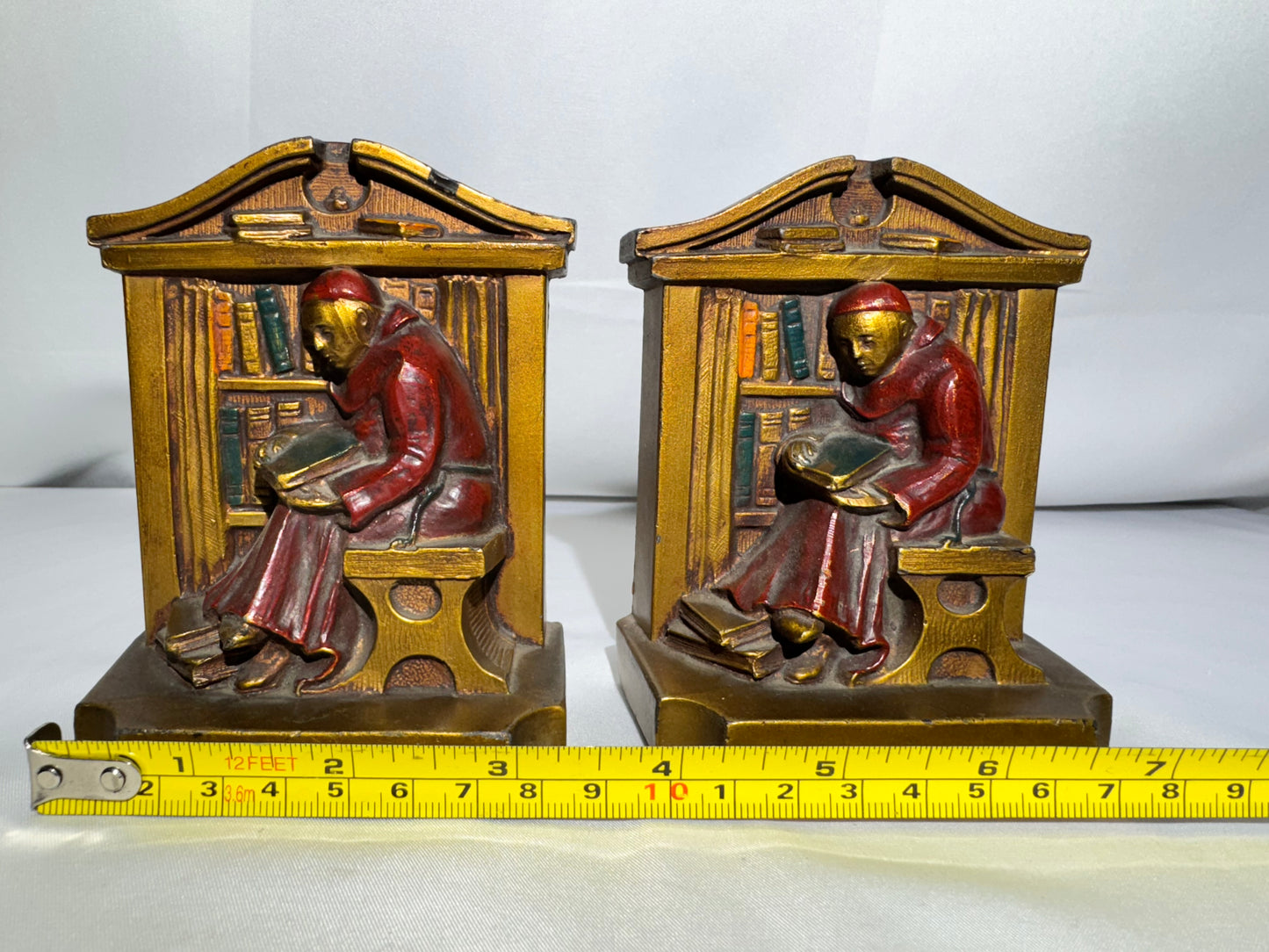 Vintage 1920s Monk Library Metal Bookends – L.V. Aronson / Ronson Style – Armor Bronze Era
