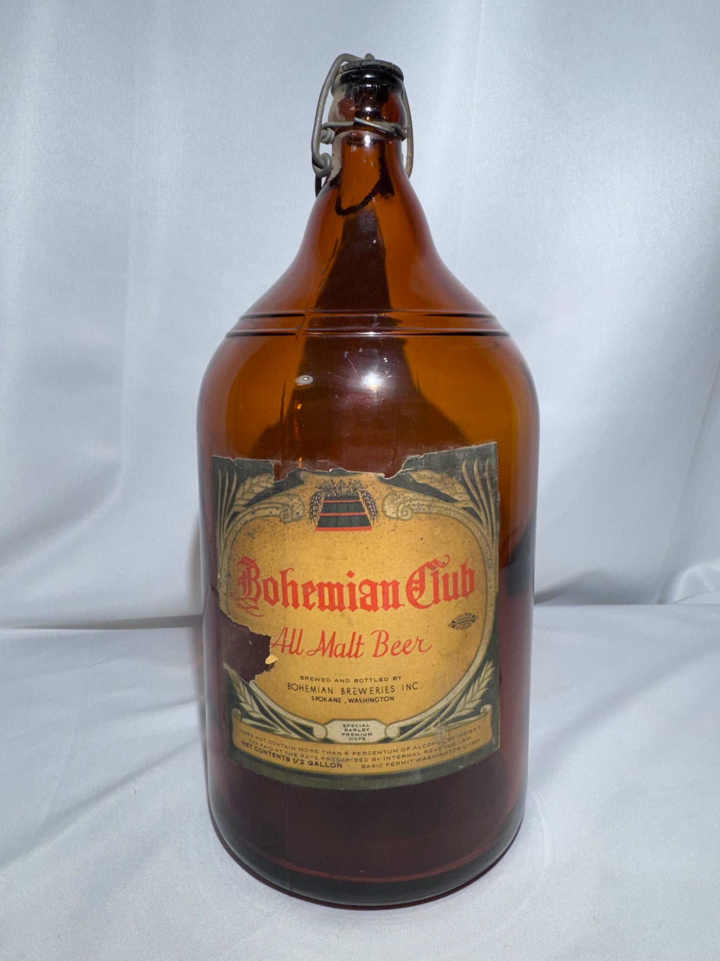 Vintage Bohemian Club All Malt Beer Bottle – Half-Gallon Amber Glass – Spokane, Washington