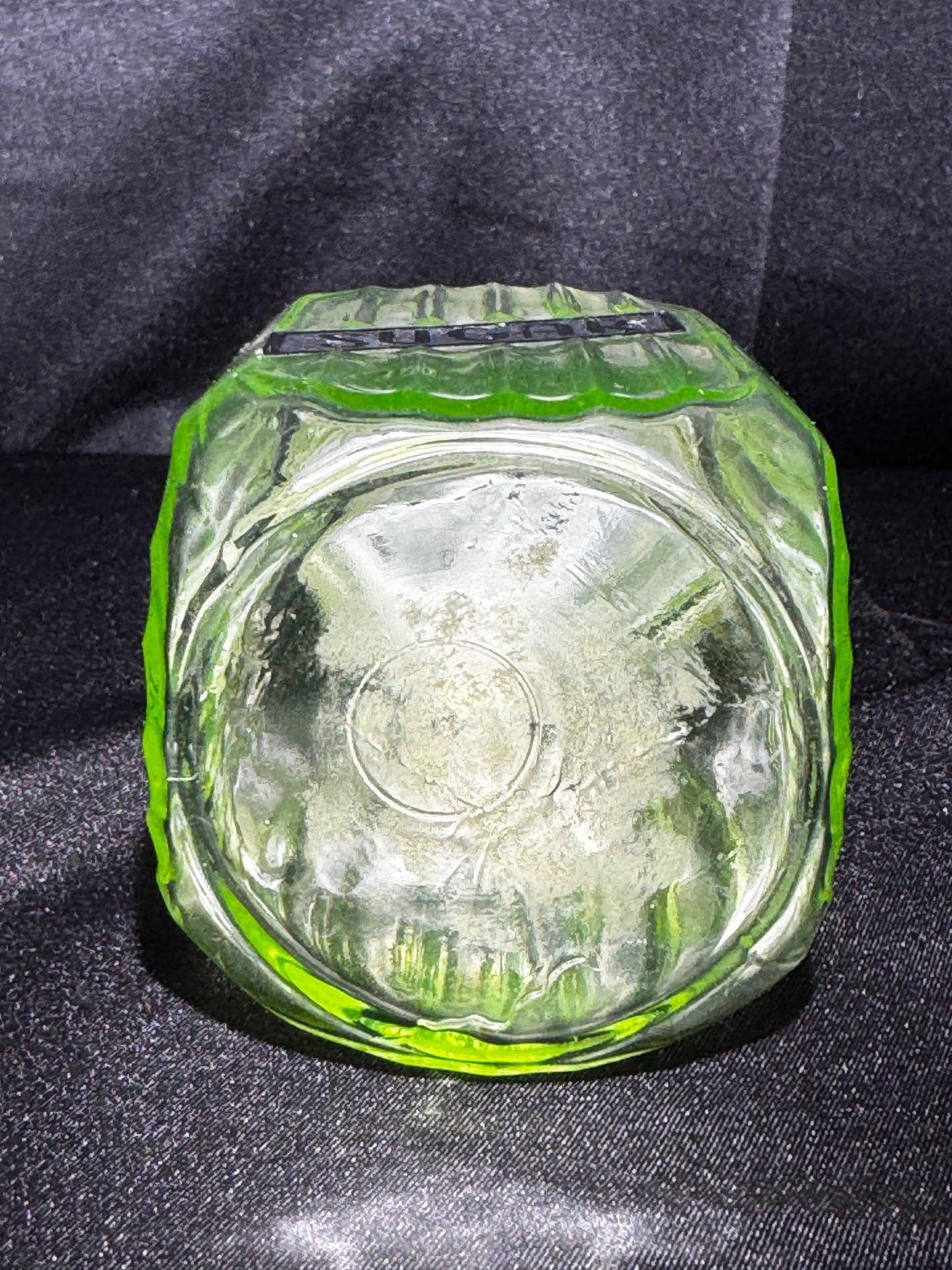 Vintage Anchor Hocking Uranium Glass SUGAR Shaker Ribbed Hoosier Jar w/ Metal Lid