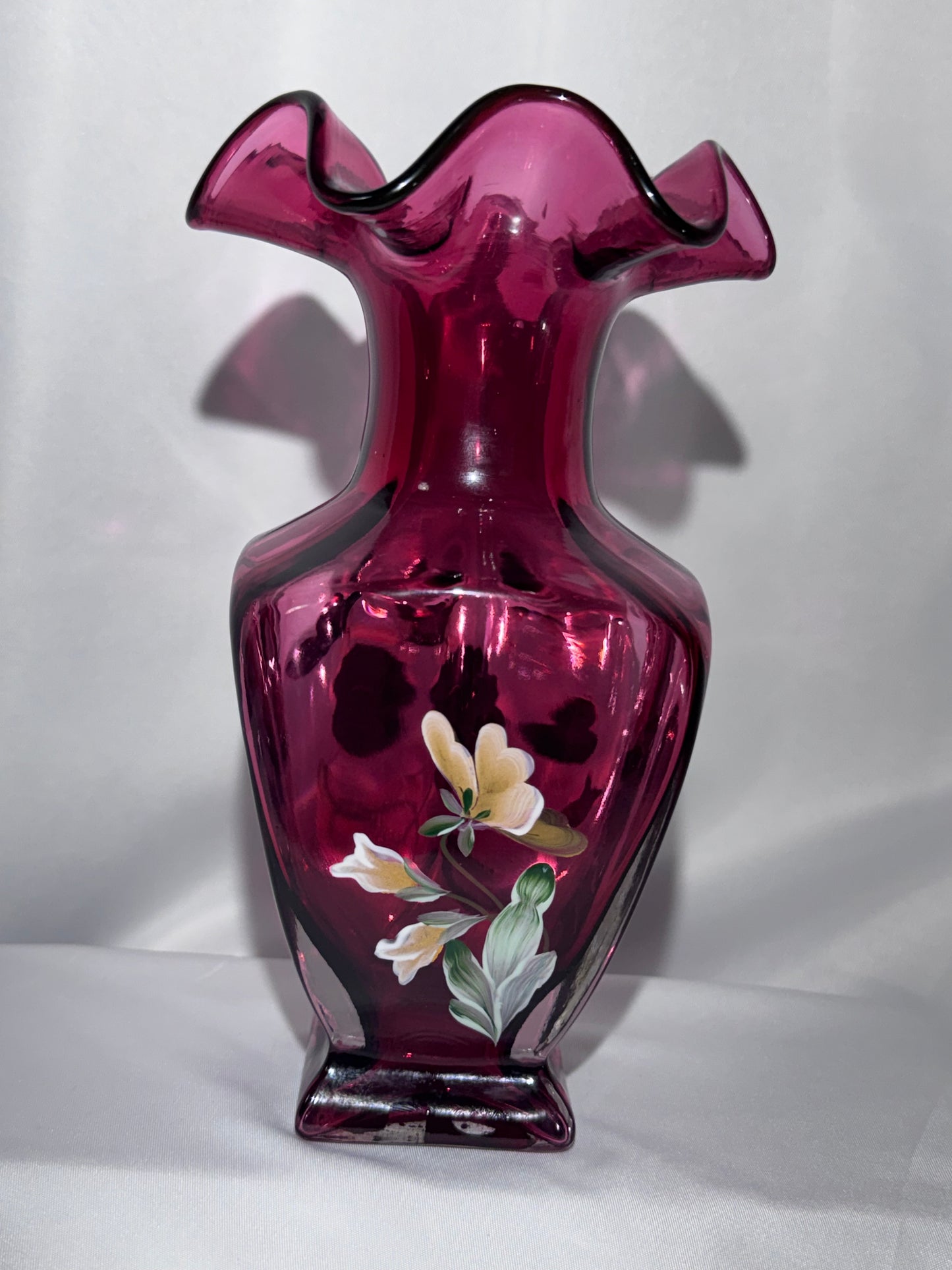 Fenton 1999 Hand Painted Cranberry Cased Glass Square Vase Pansies Signed 7.5”