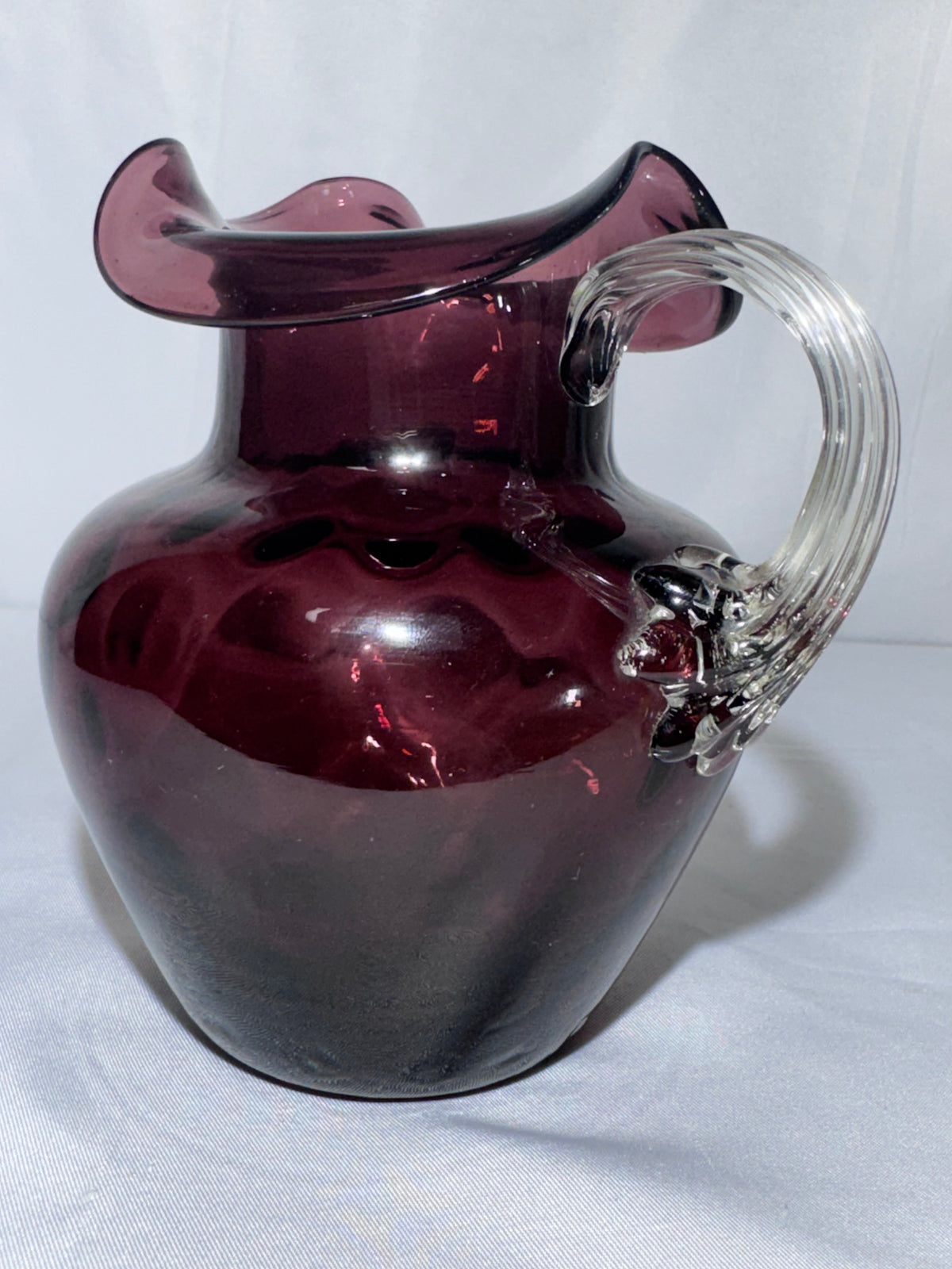 Vintage Hand-Blown Purple Amethyst Glass Coin Dot Small Pitcher / Creamer Ruffled Rim 1940’s-1950’s