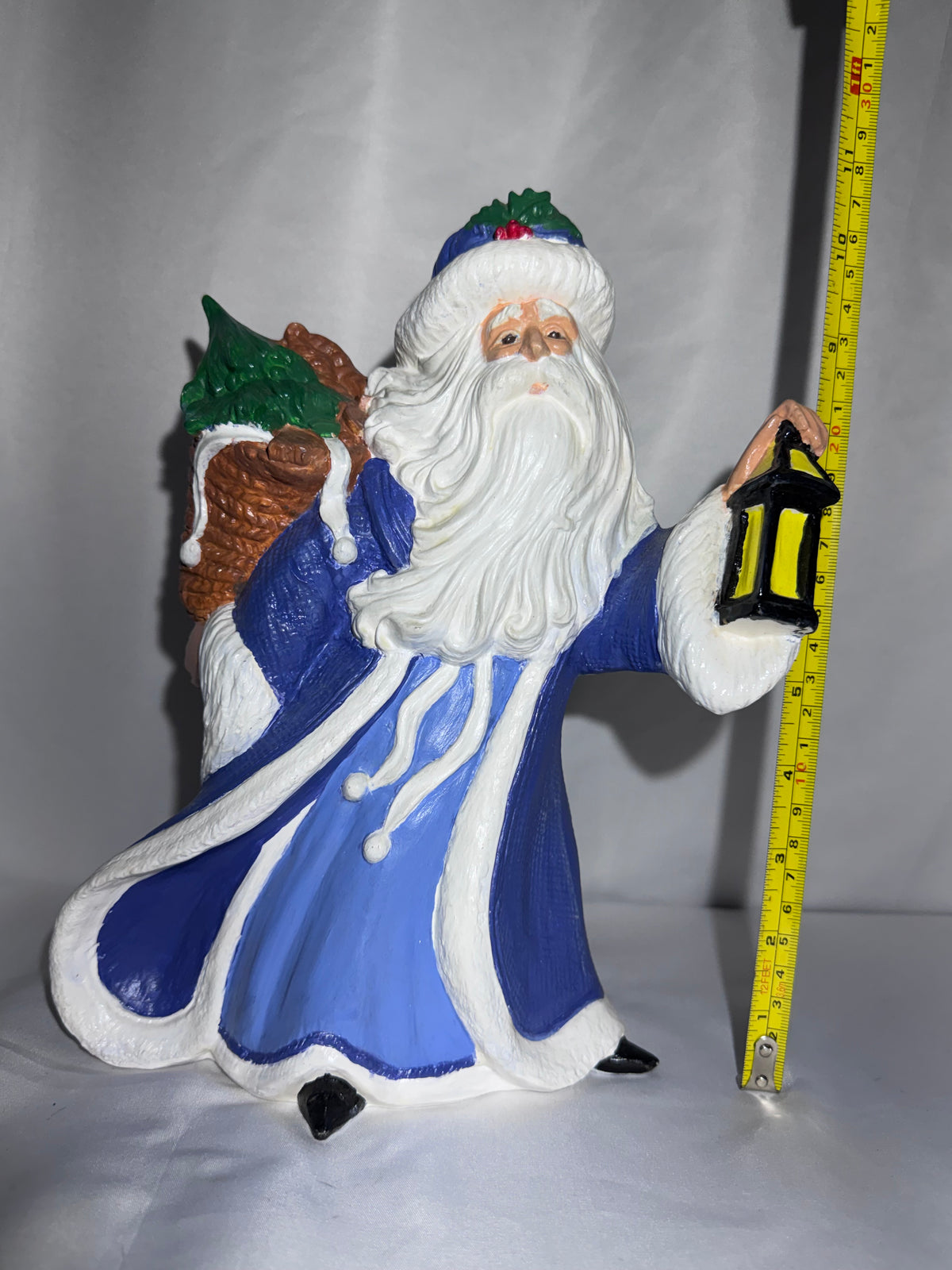 Old World Santa Claus Figurine 10.5” Hand Painted Ceramic Blue White Robe Lantern