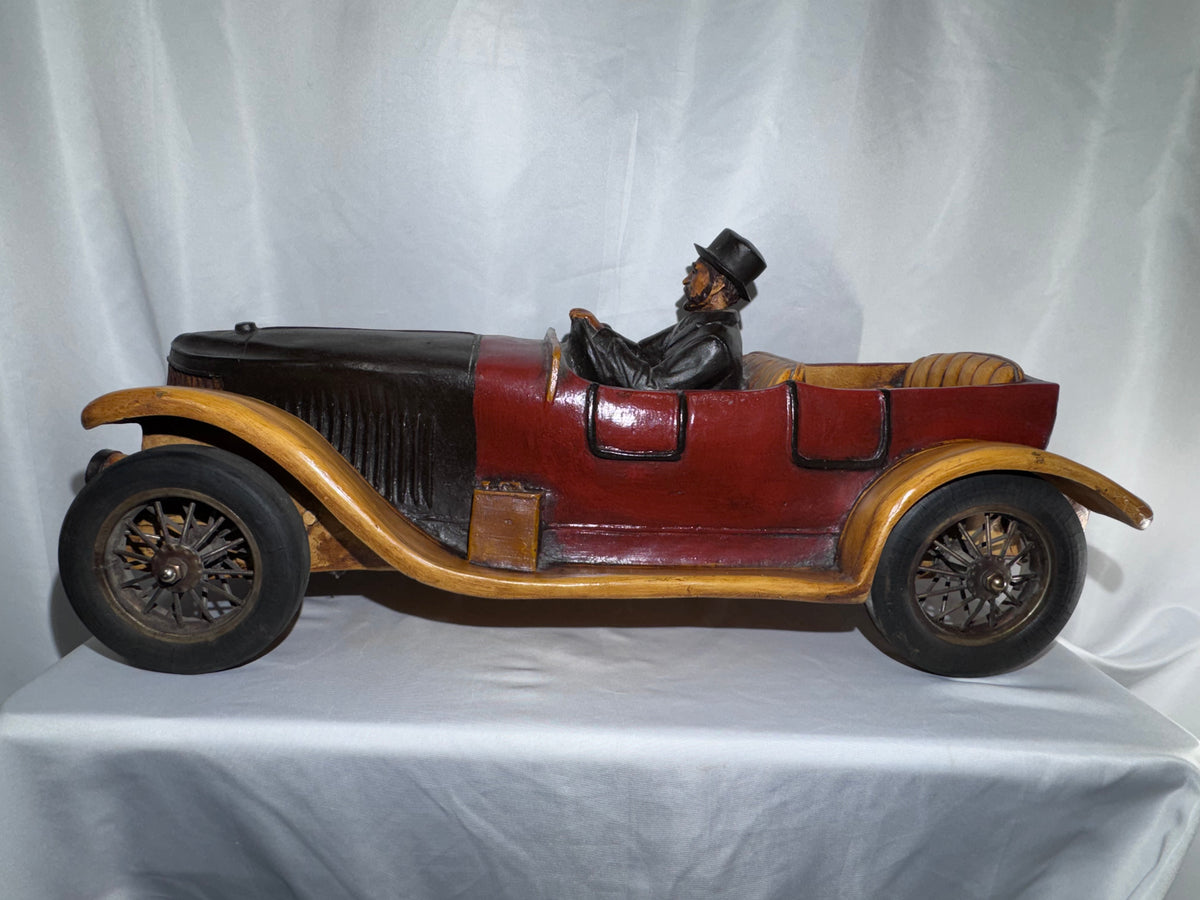 Antique Style 1913 Touring Car Wooden Sculpture Hand Painted Driver Top Hat 26.5” Read