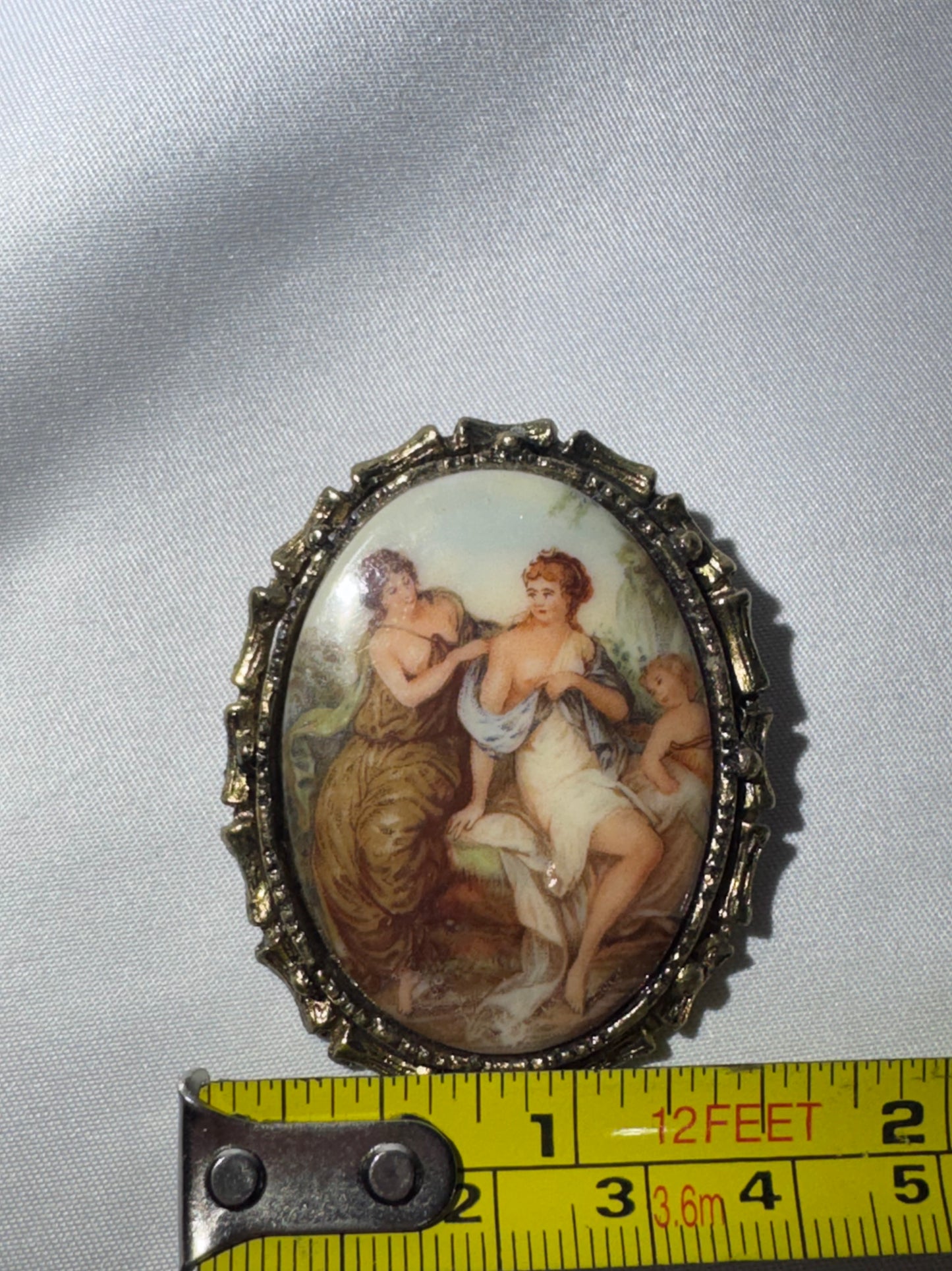 Vintage French Limoges Porcelain Miniature Brooch – Classical Mythology Scene – Ornate Gold-Tone Frame