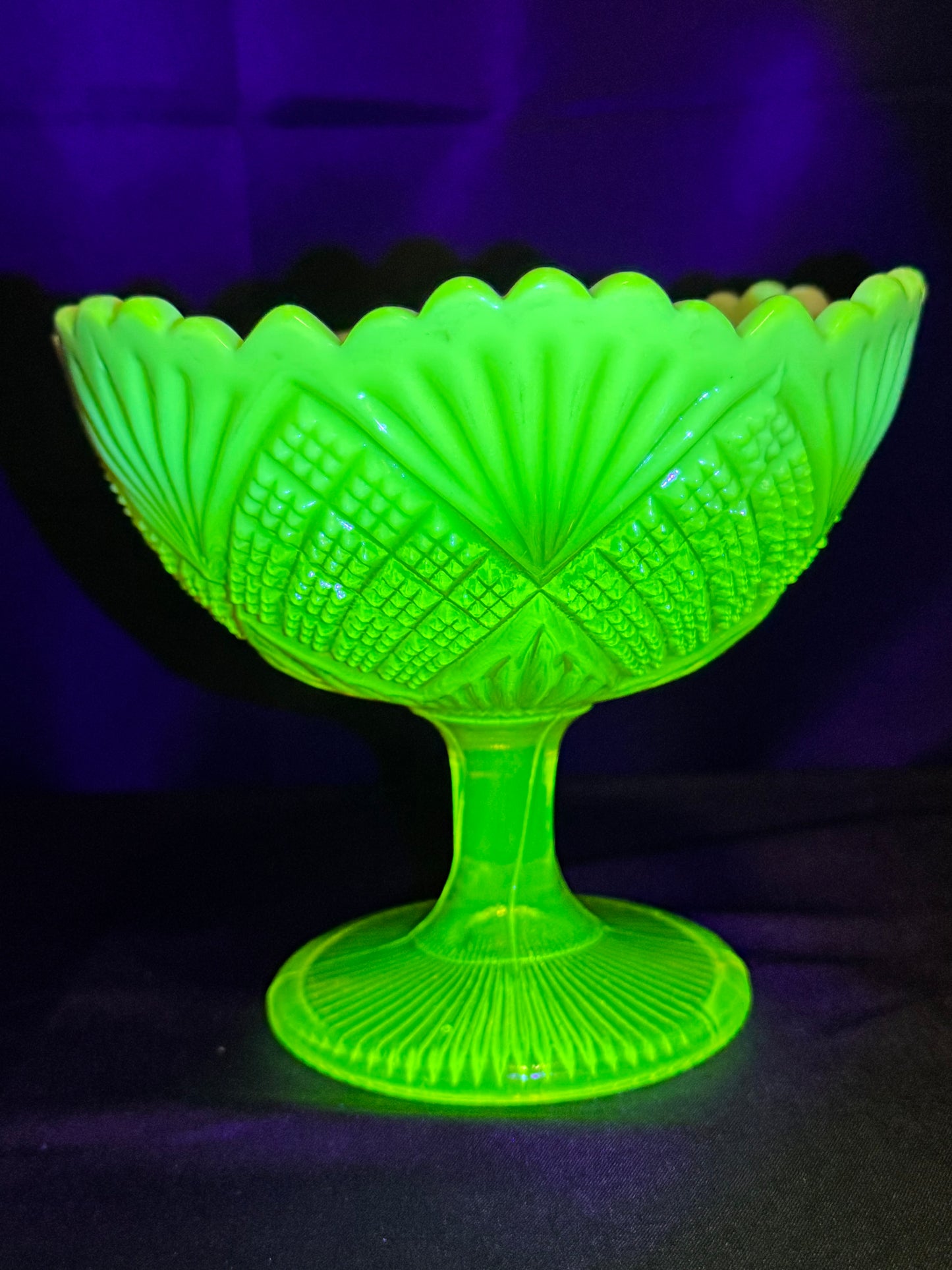 Victorian Uranium Glass Davidson Primrose Pearline Footed Compote – RN 285342
