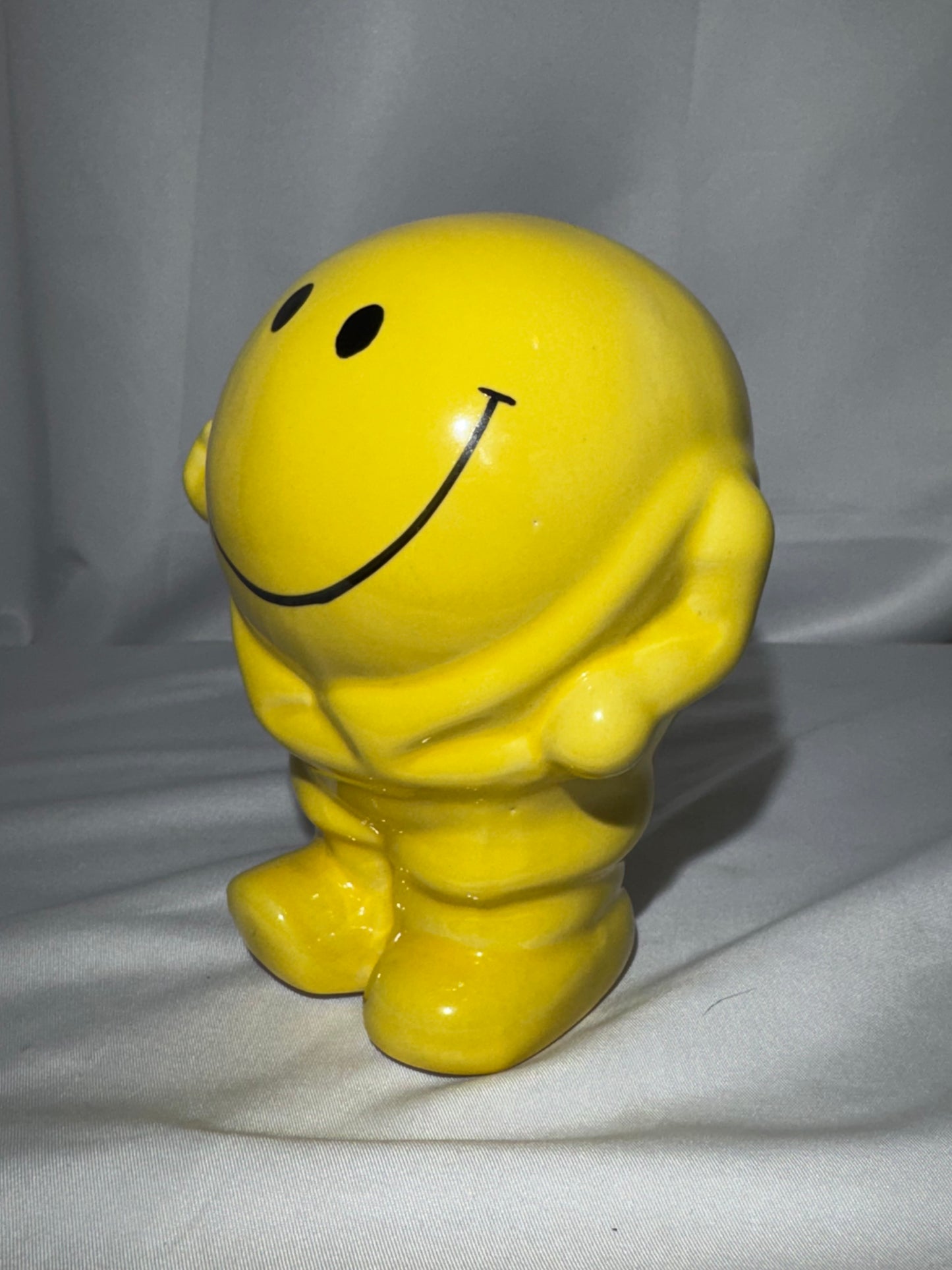 Vintage 1970s Yellow Smiley Face Man Ceramic Piggy Bank Coin Bank Retro Happy Face 5.5”