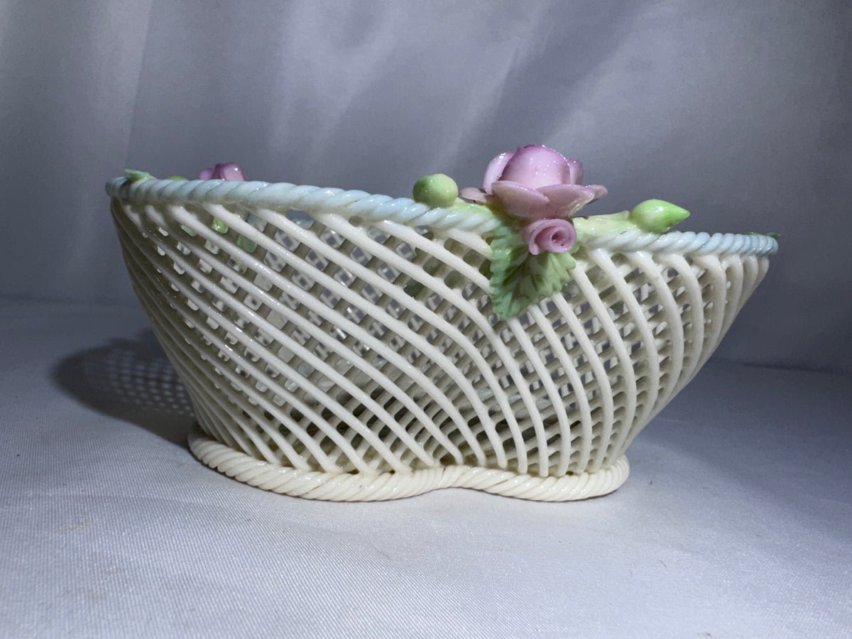 Vintage Irish Belleek Porcelain Four-Strand Woven Basket with Pink Roses – Made in Ireland