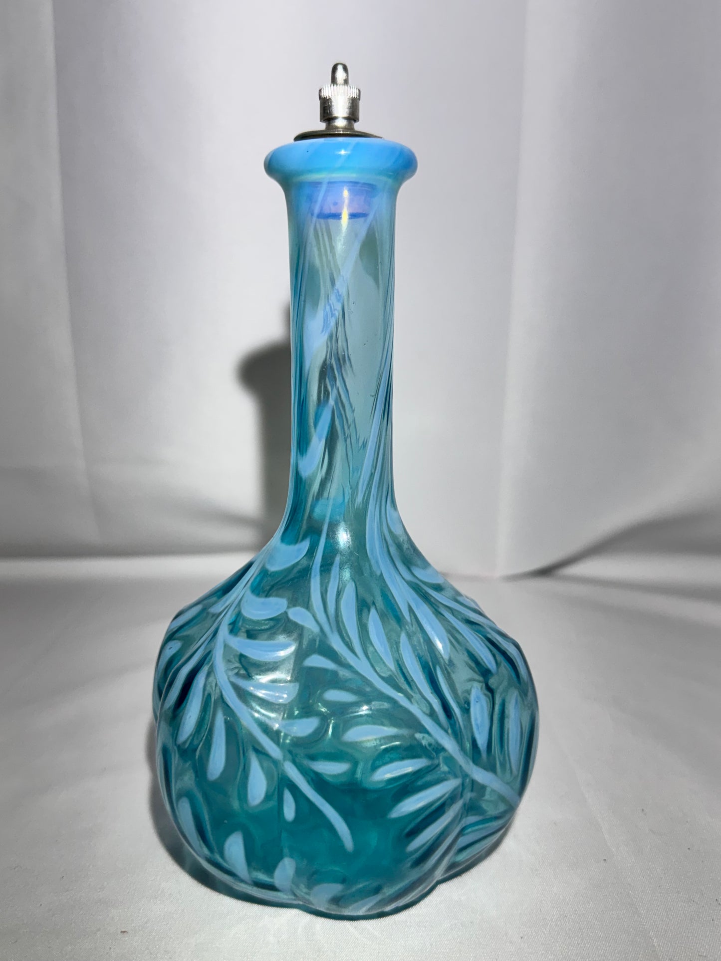 Victorian Blue Opalescent Glass Barber Bottle – Daisy & Fern Pattern w/ Stopper