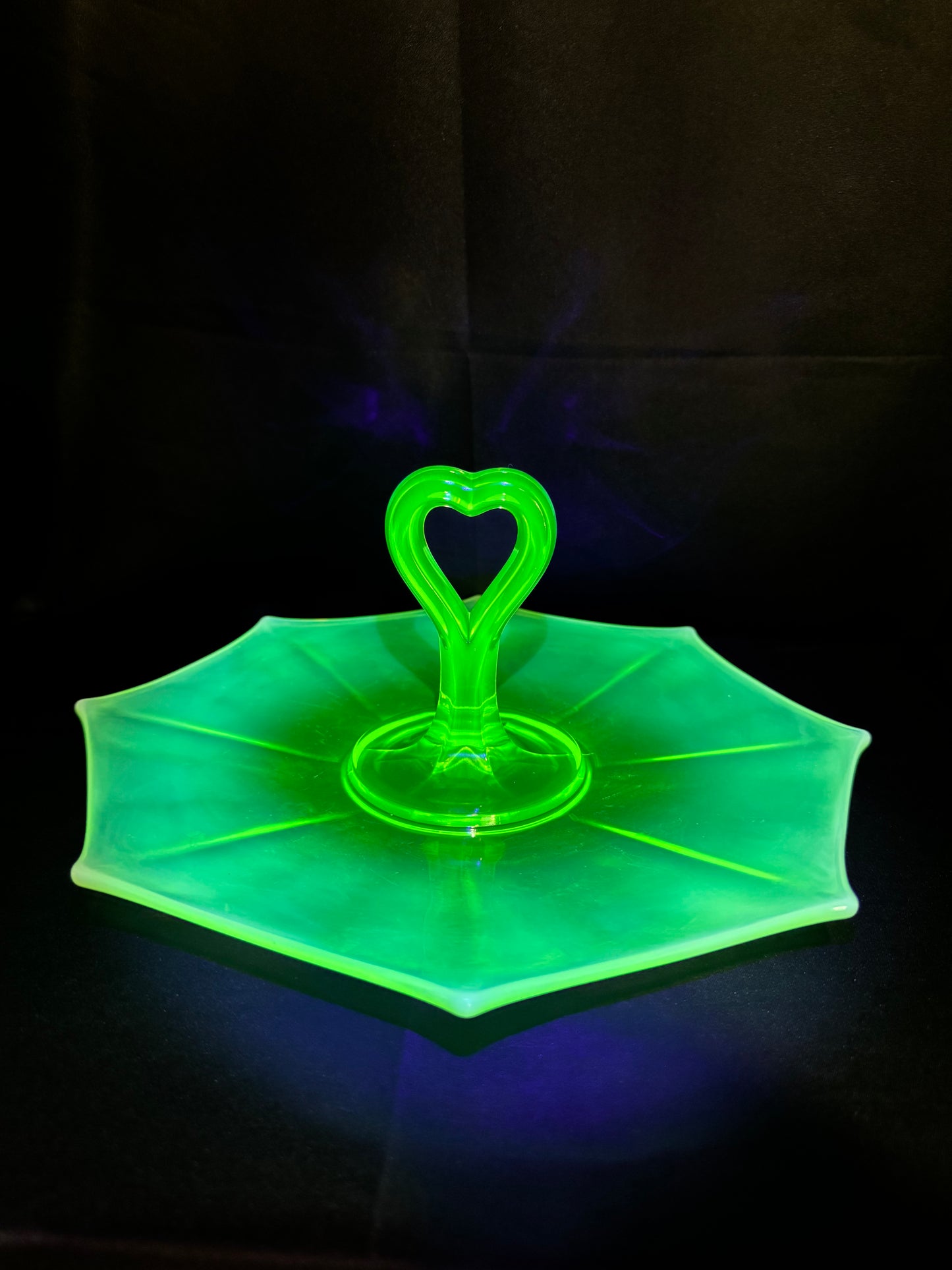Vintage Uranium Glass Tidbit 12” Tray Heart Handle Bon Bon Dish UV Glow