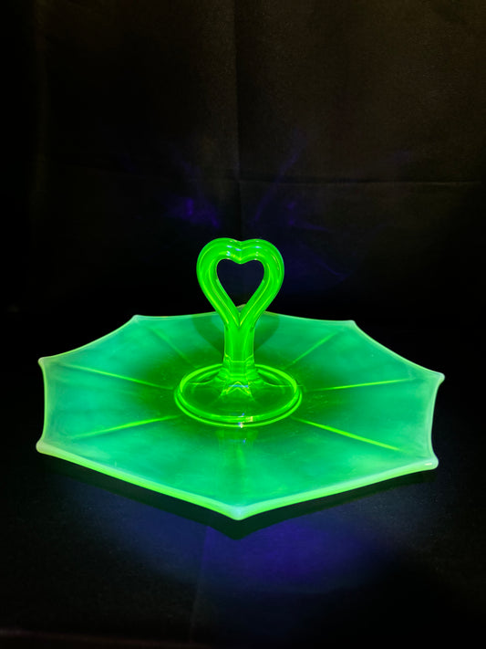 Vintage Uranium Glass Tidbit 12” Tray Heart Handle Bon Bon Dish UV Glow