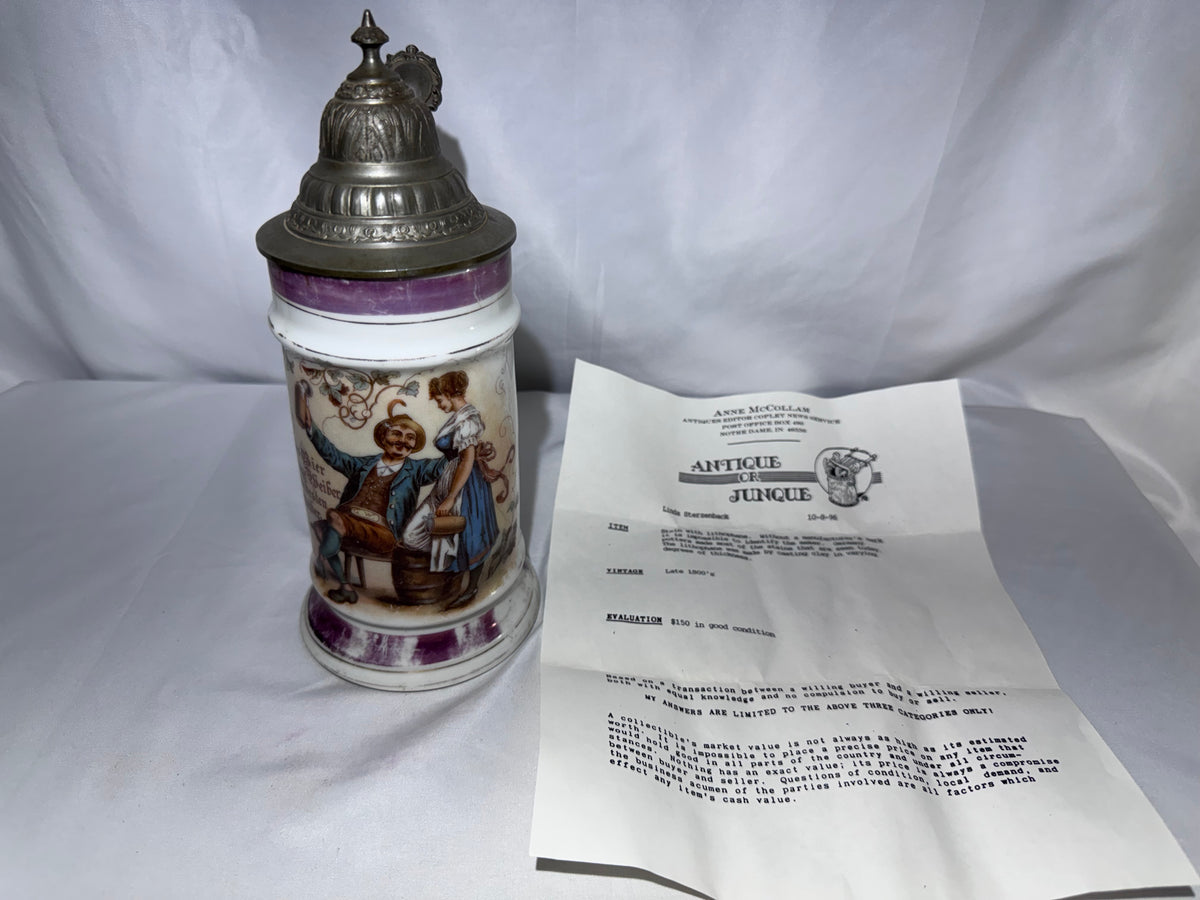 Antique 1800’s German Beer Stein Pewter Hinged Lid Tavern Scene Lithophane Base